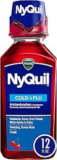 Vicks NyQuil Cherry Cold and Flu Relief Liquid Medicine, Nighttime Relief for Headache, Fever, Sore Throat, Minor Aches and Pains, Sneezing, Runny Nose, and Cough, Cherry Flavored, 12 FL OZ