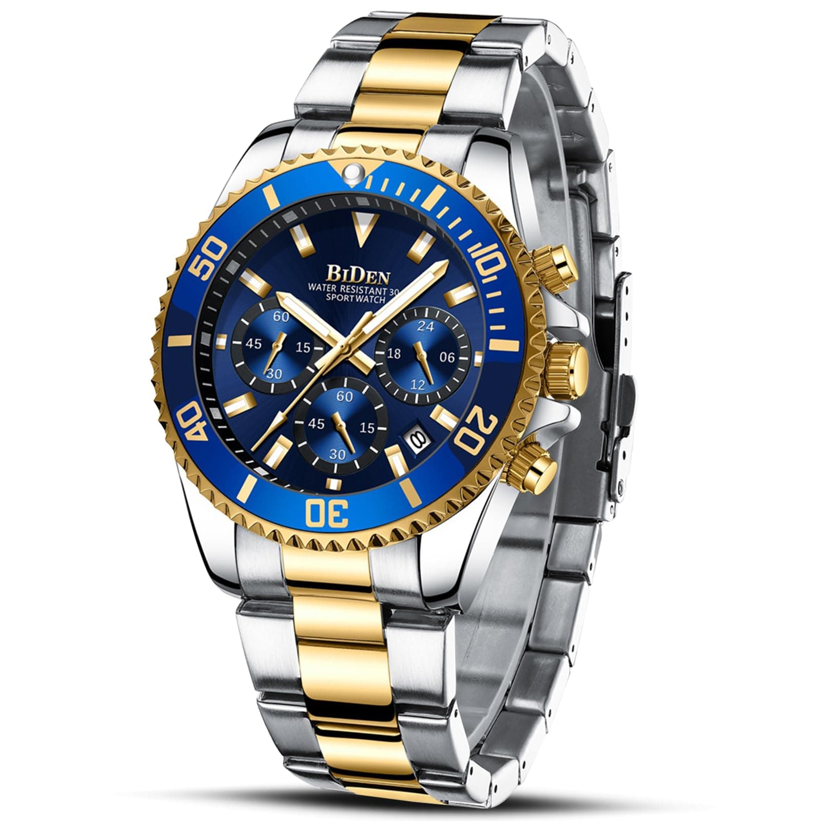 Mens Watches Chronograph Gold Blue Stainless Steel Waterproof Date Analog Quartz Watch Business Casual Fashion Wrist Watches for Men