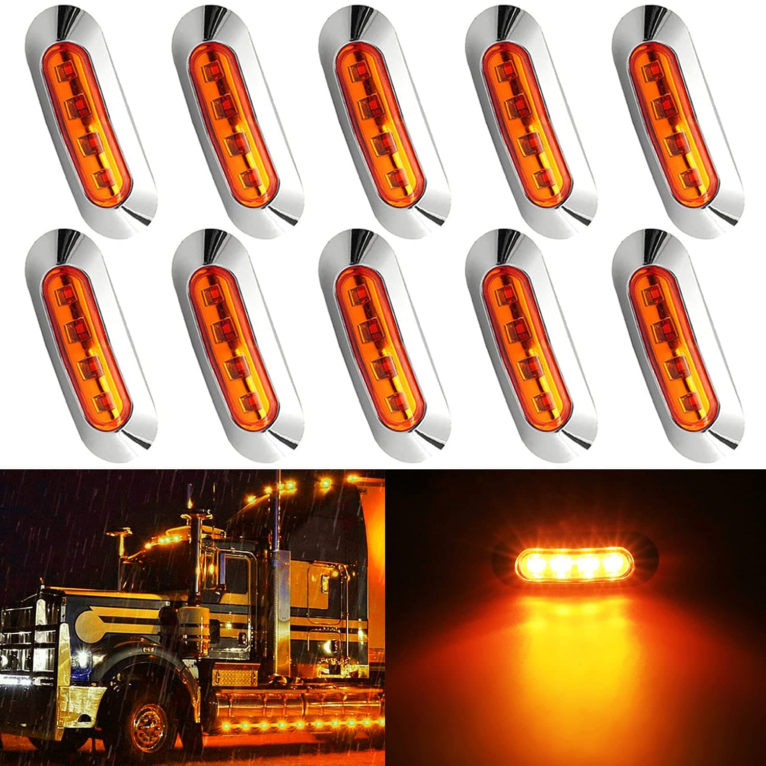 10 Pack Amber DC 12V 24V Sealed Waterproof 4 LED Side Marker Lights Front Rear Tail Clearance Turn Signal Indicators Light with Chrome Bezel Universial for Auto Car Bus Truck Trailer Lorry & More