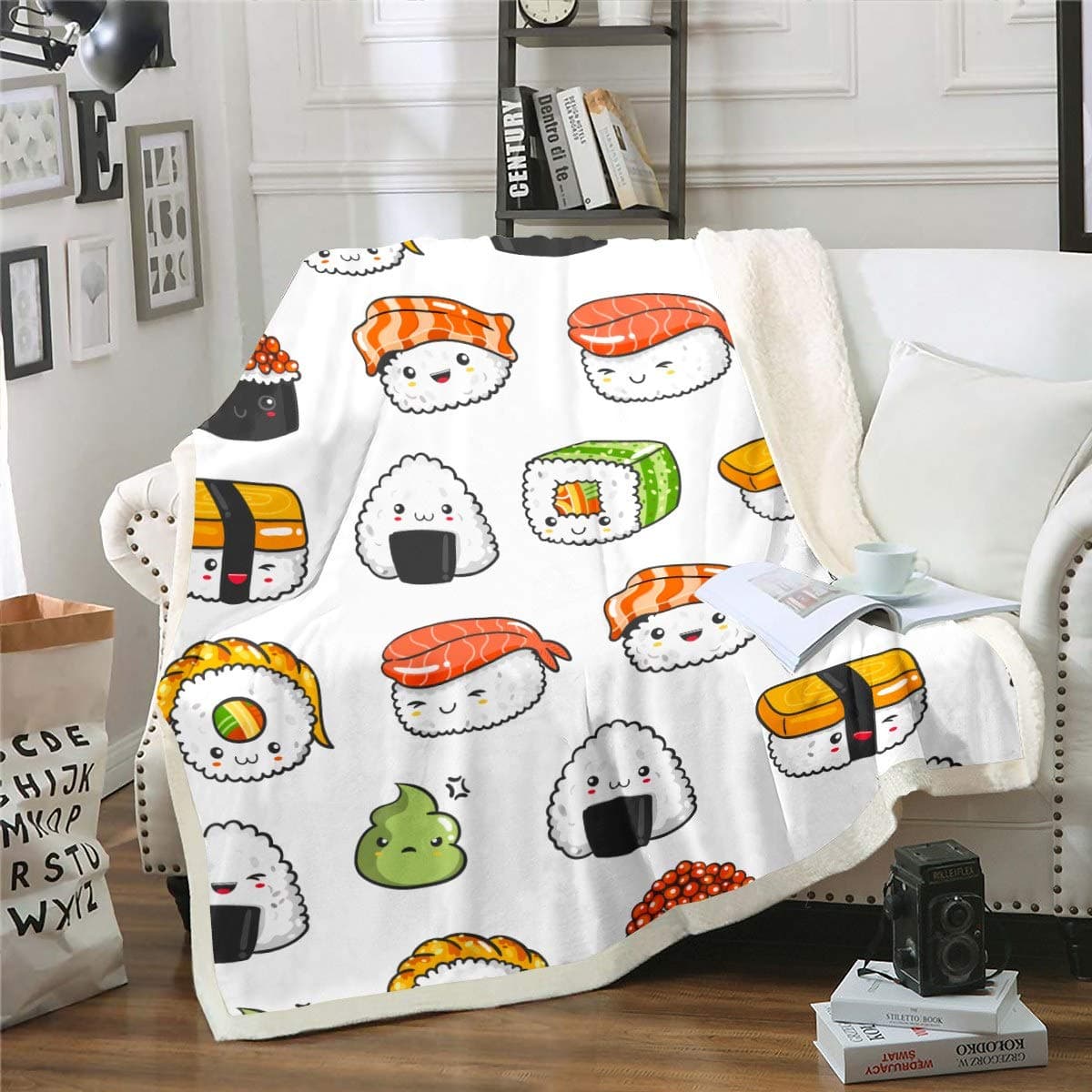 Sushi Pattern Blanket Japanese-Style Fleece Blanket for Bed Couch Sofa Kids Kawaii Food Theme Throw Blanket Cute Japanese Sushi Plush Sherpa Throw Blanket Room Decor Air Conditioning Twin 60"x80"