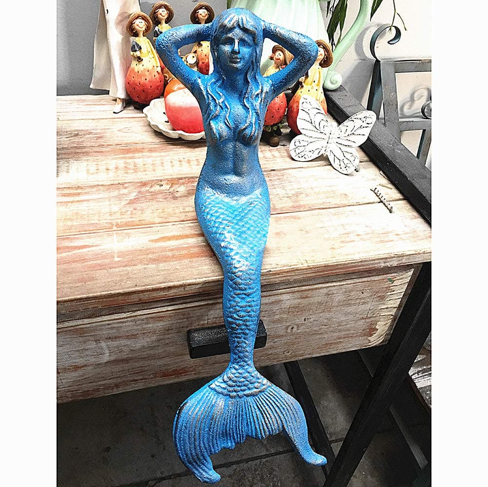 Cast Iron Large Ornament Blue Sitting Mermaid Garden Pond Nautical Decorative Rustic Vintage Retro Antique Home Gift