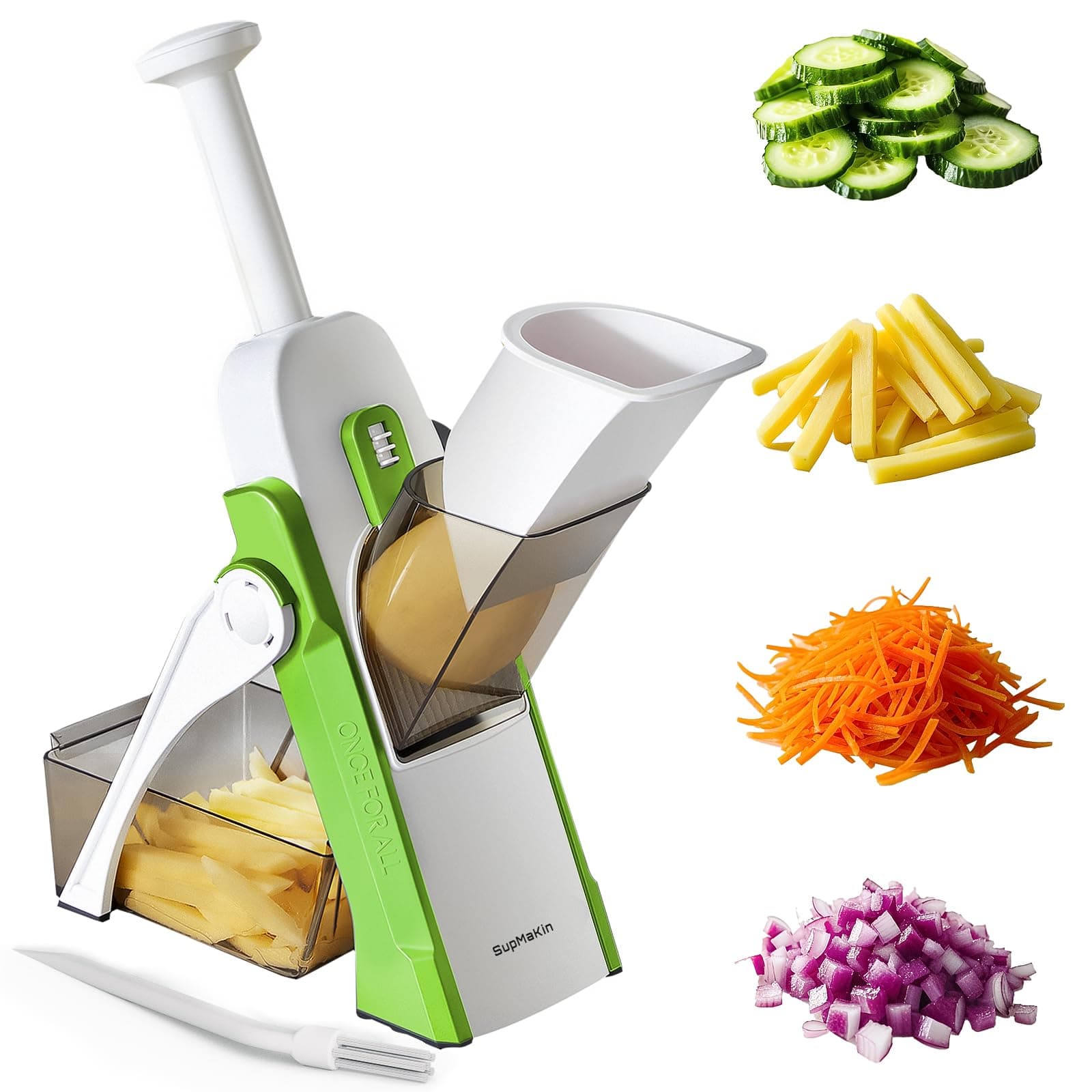 SupMaKin Upgrade Safe Mandoline Slicer, Vegetable Chopper, Potato Slicer 4 Modes Adjustable Thickness Food Cutter, Kitchen Chopping Artifact (6 in 1 Green)