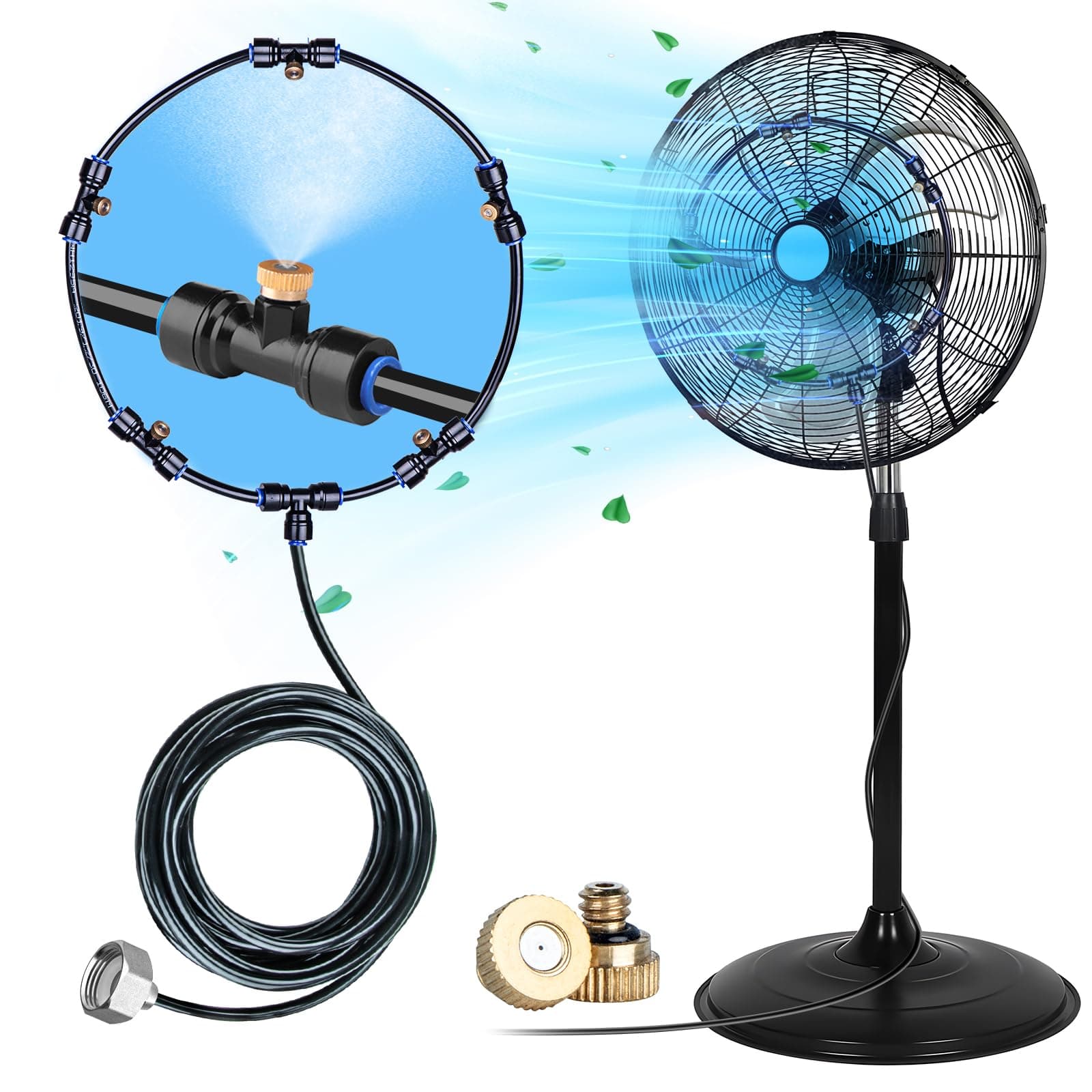 HOMENOTE Fan Misting Kit for a Cool Patio Breeze 16.4FT (5M) Misting Line &5 Removable Brass Nozzle & Galvanized Solid Brass Adapter, Connects to Outdoor Fan, Fan Misters for Cooling Outdoor