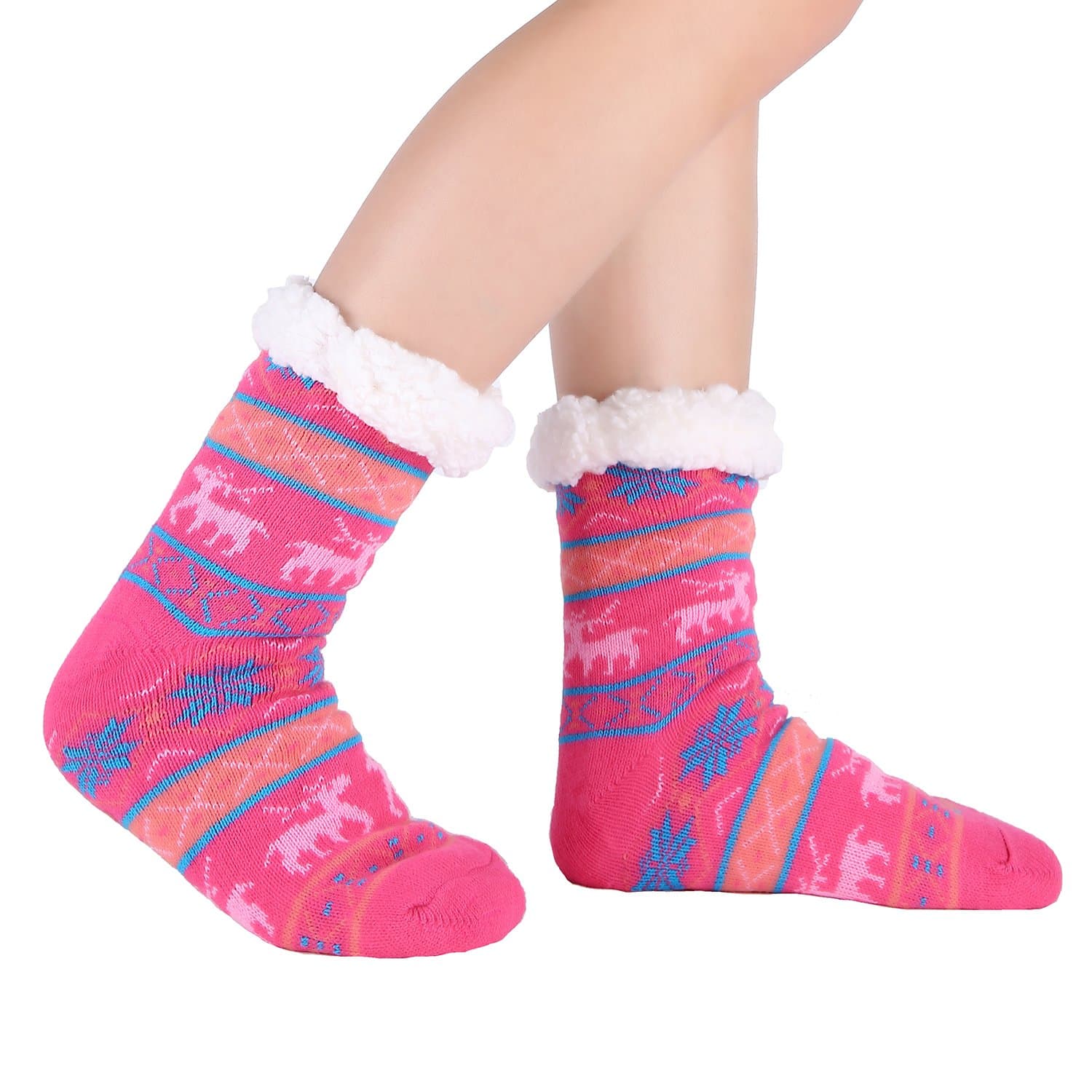 Women Slipper Socks Fleece Non Slip Sherpa grippers Winter Sleep Sock, Pink, One Size