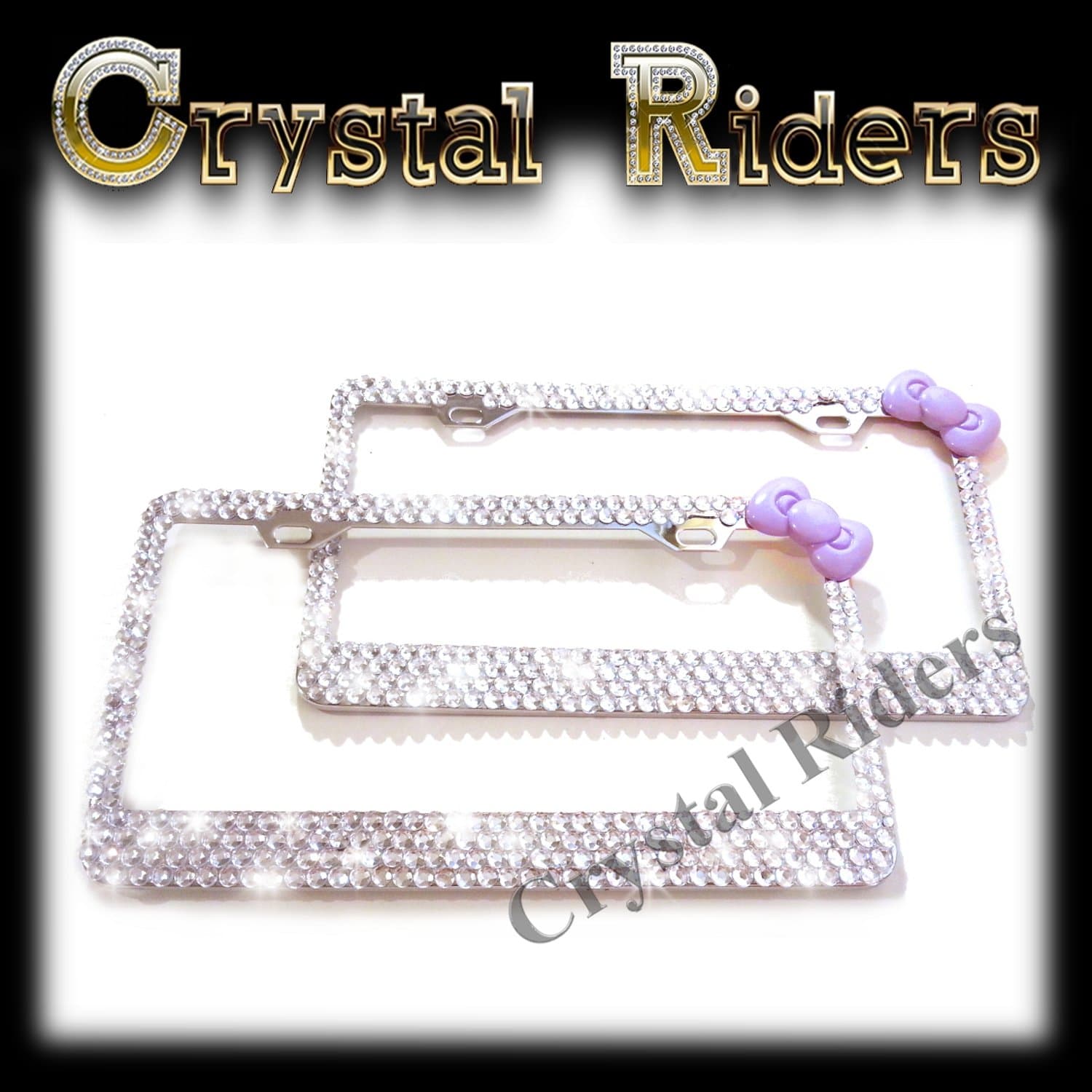 PAIR OF 2 front and back/rear Bling License Plate Frame light purple violet kitty Bow with 500 Crystals Clear Metal Holder Sparkly Sparkle Custom Hand Made Hand Crafted 2 SET TWO Kitty