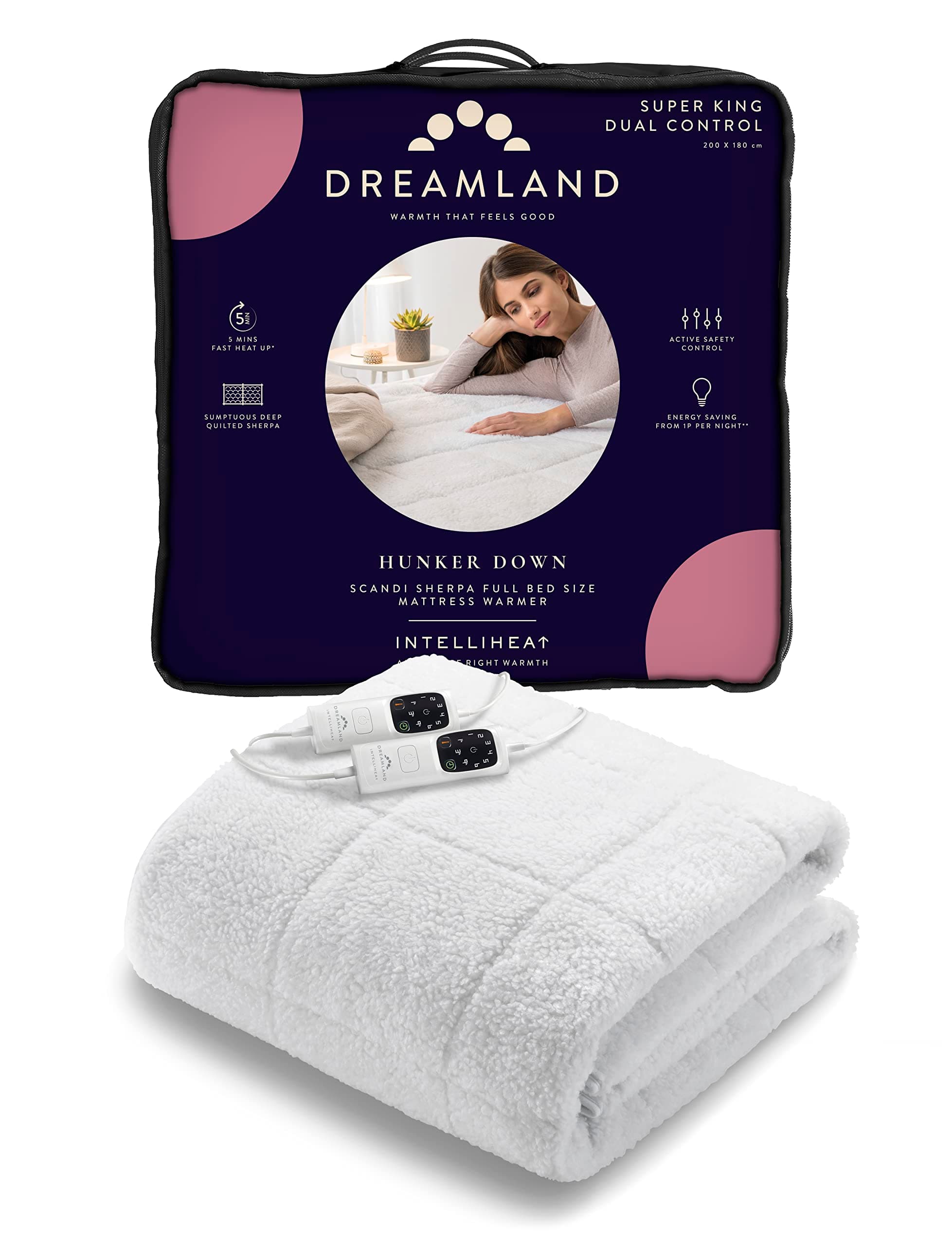 Dreamland Intelliheat+ fast heat Scandi Full Bed size Sherpa Underblanket,Super King electric blanket 200 x 180cm, elasticated straps, 2 controls, 6 temperature settings & timer, machine washable