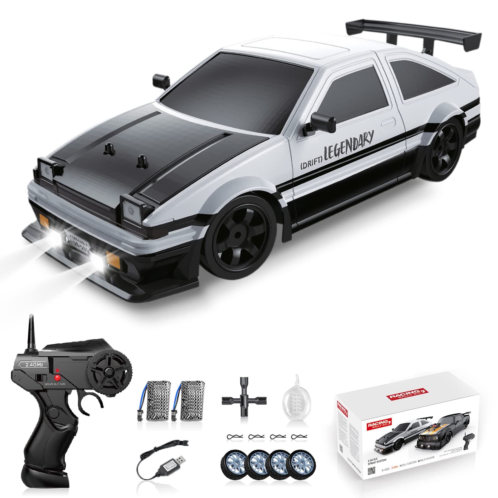 RC Drift Car 2.4GHz 1:16 Scale 5WD High Speed Remote Control Cars Vehicle with LED Lights Two Batteries and Drifting Tires Racing Sport Toy Cars for Adults Boys Girls Kids Gift