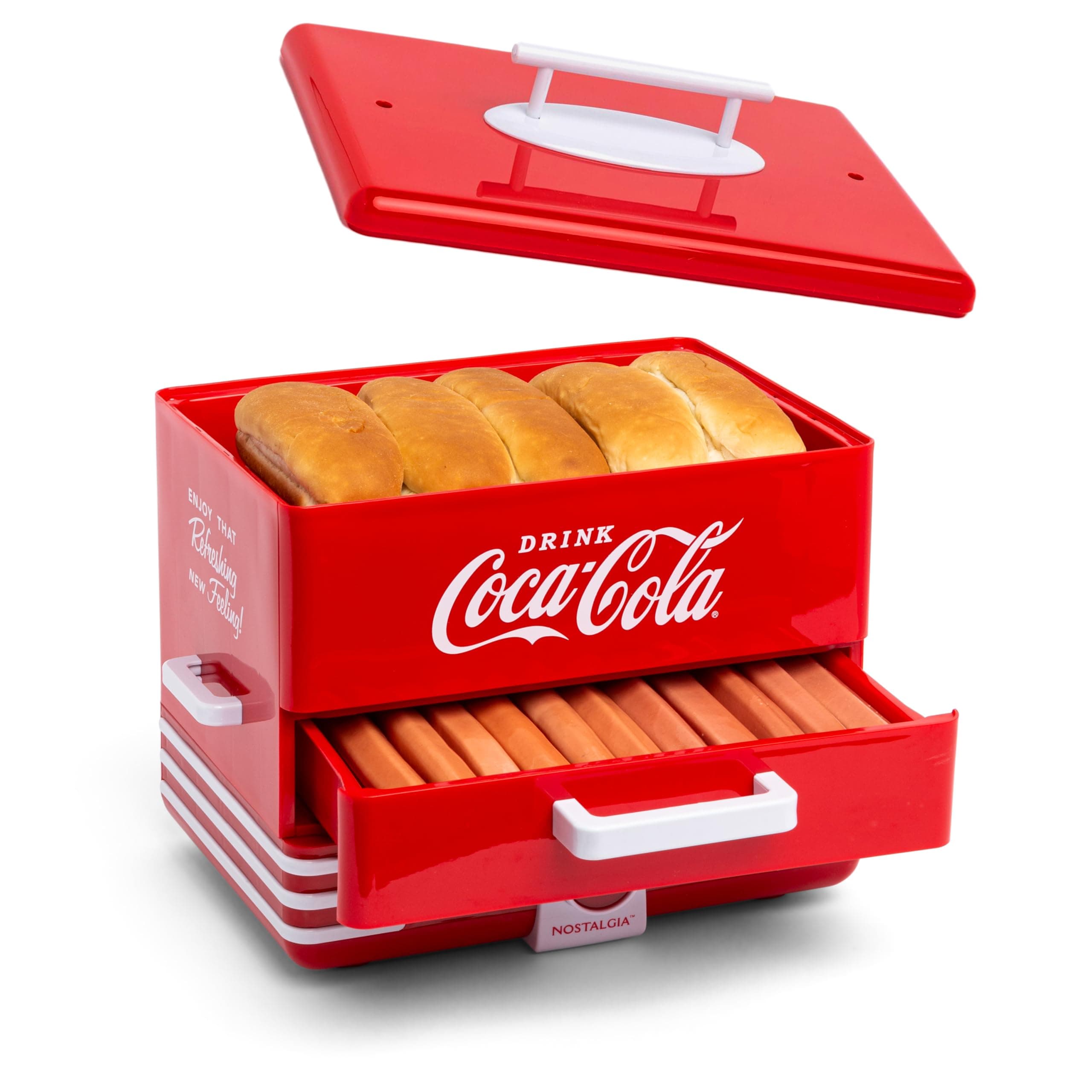 Extra Large Diner-Style Coca-Cola Hot Dog Steamer and Bun Warmer, 24 Hot Dog and 12 Bun Capacity, Steam Bratwursts, Sausages, Vegetables, Fish, Dumplings, Red