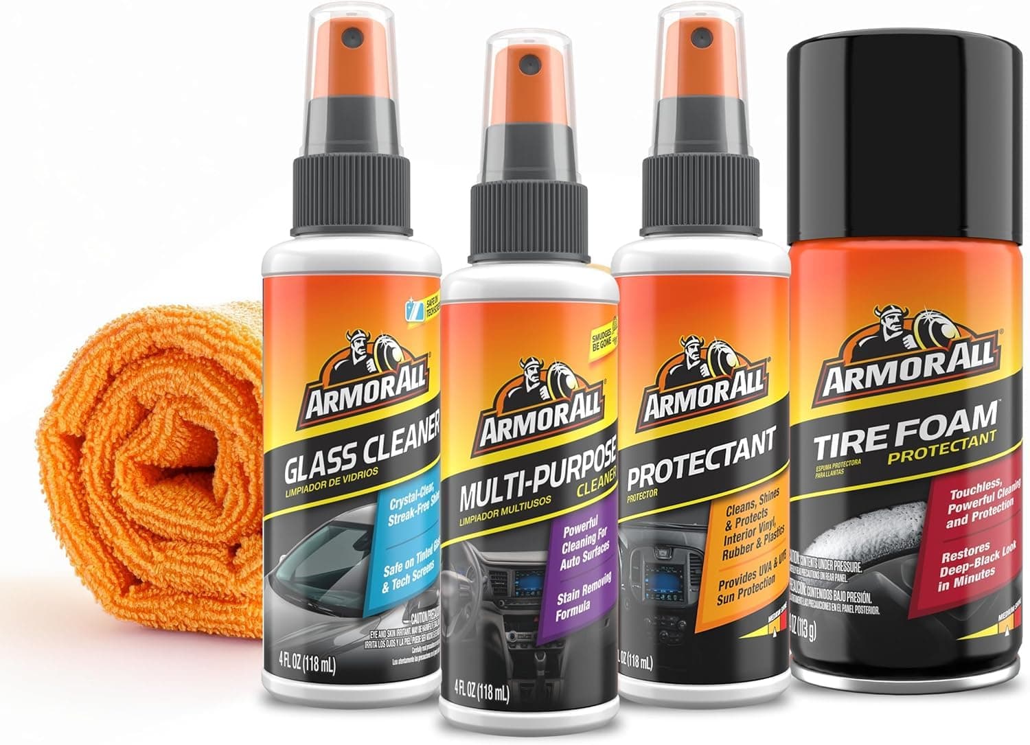 Car Wash and Car Interior Cleaner Kit, Includes Towel, Tire Foam, Glass Spray, Protectant Spray and Cleaning Spray, Multicolor, 5 Count (Pack of 1)