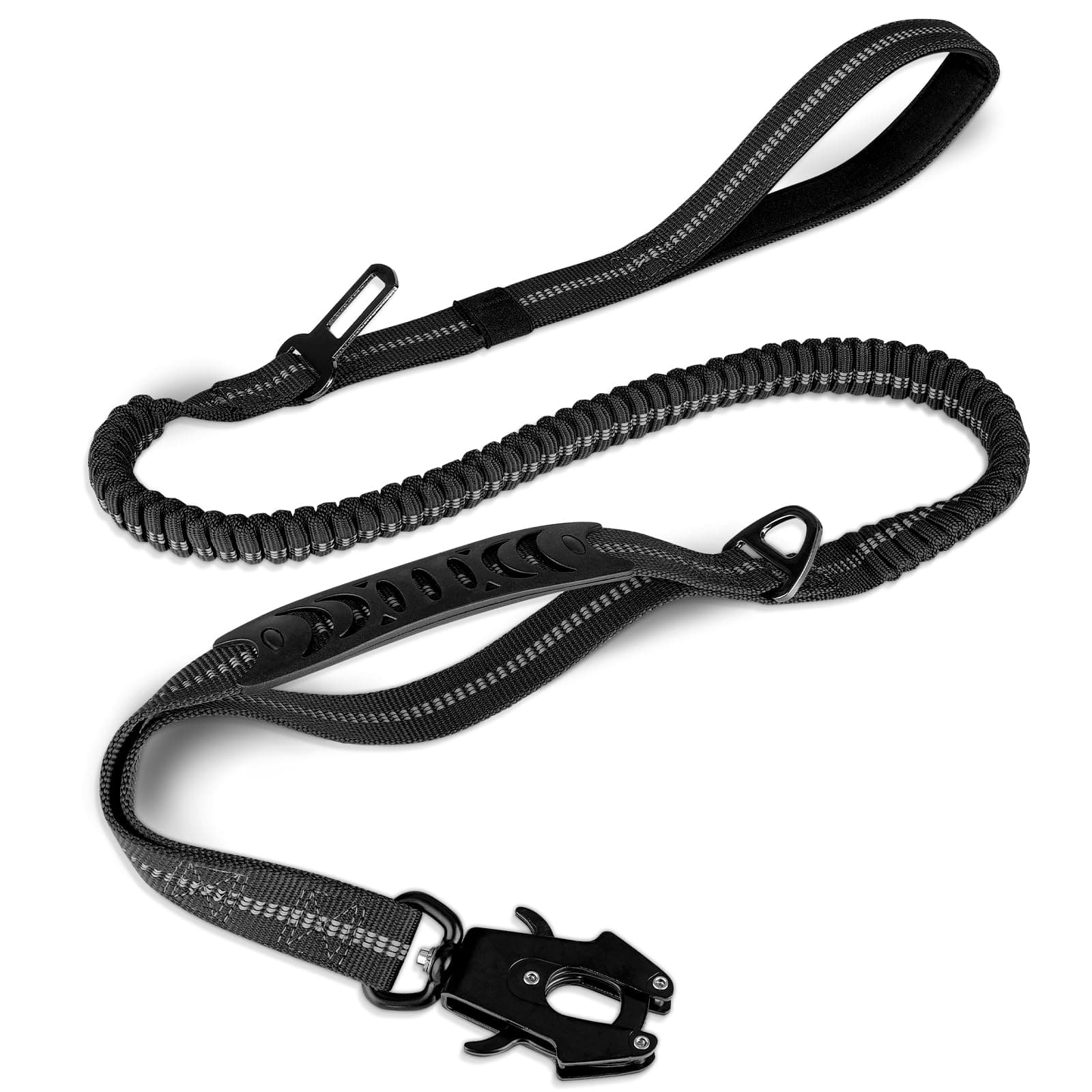 Tactical Dog Lead Leash Heavy Duty,4-6FT Shock Absorbing Bungee Dog Leash with 2 Padded Handle,Metal Carabiner Clip,Car Seatbelt,Strong No Pull Dog Leash for Medium Large X-Large Dogs,Black