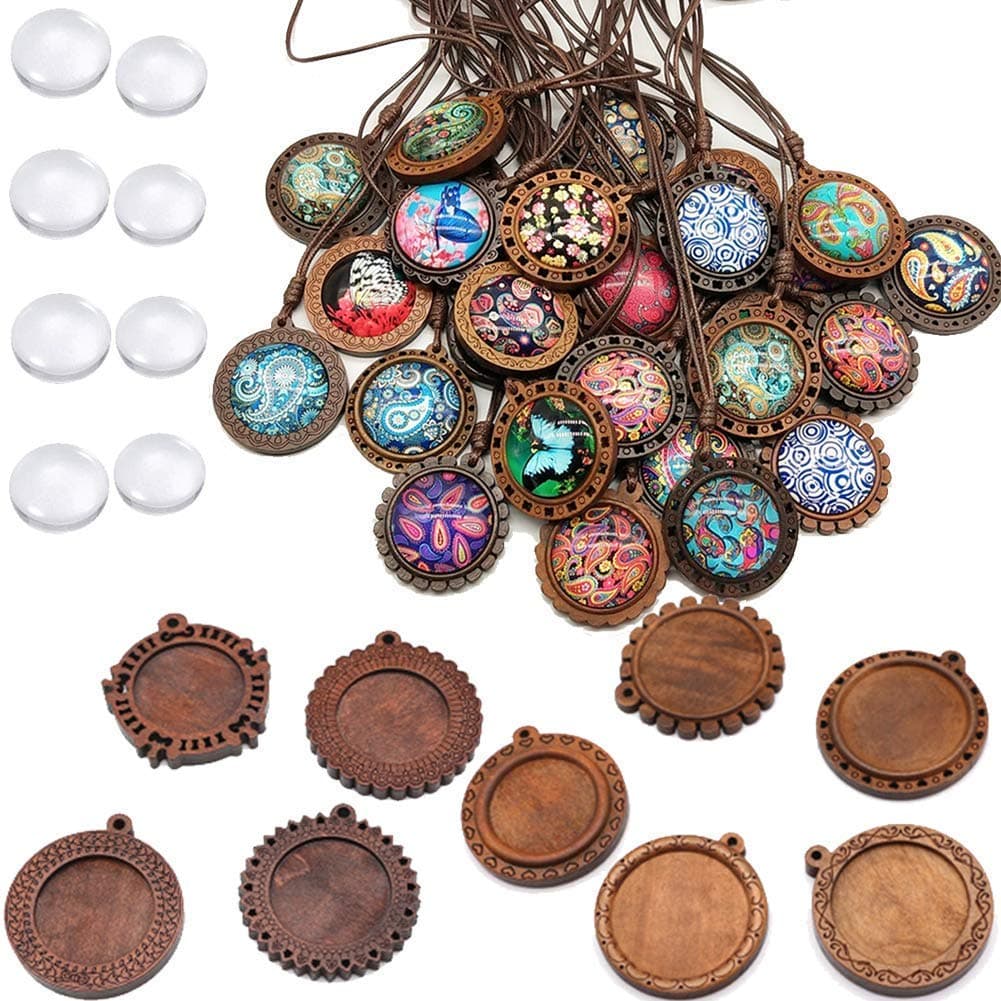 ToBeIT Bezel Pendant Trays Round Wooden and Glass Cabochon Round Clear Dome for DIY Crafting Photo Jewelry Making