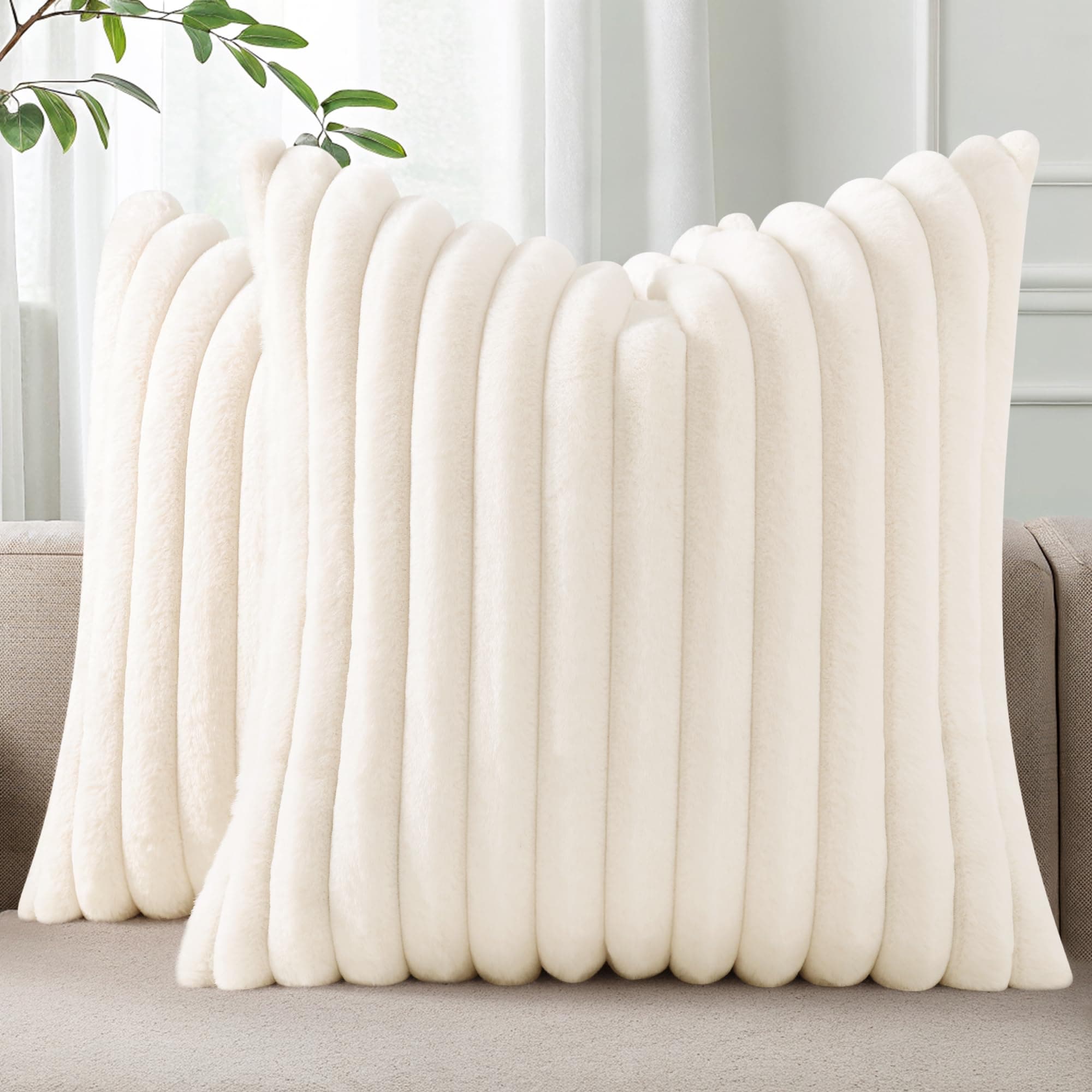 Pallene Faux Fur Plush Throw Pillow Covers 20x20 Set of 2 - Luxury Soft Fluffy Striped Decorative Pillow Covers for Sofa, Couch, Living Room - Cream White