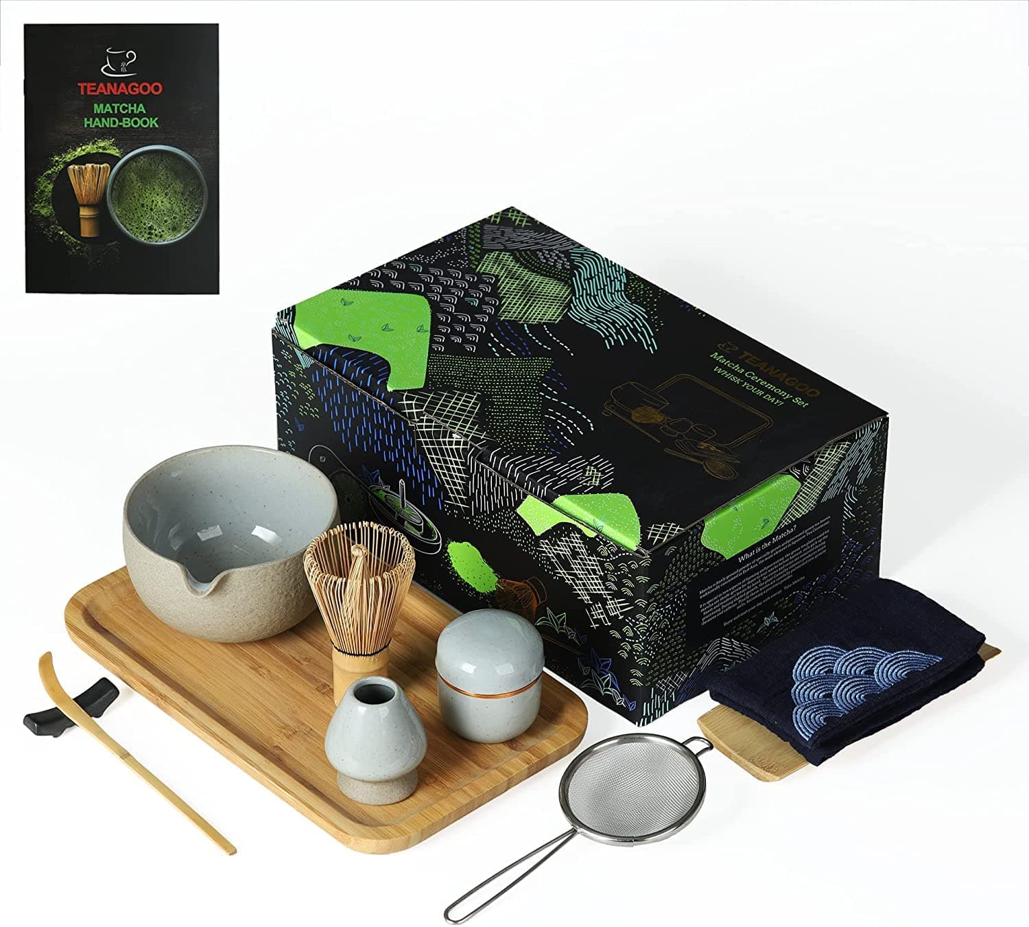 TEANAGOO Matcha Ceremony Set with tray, Japanese Tea Set, Matcha Bowl with Pouring Spout, Matcha Bamboo Whisk, Scoop, Sifter, Matcha Whisk Holder, Matcha whisk stand, Tea Powder Cainister, O2, Dk.Grey