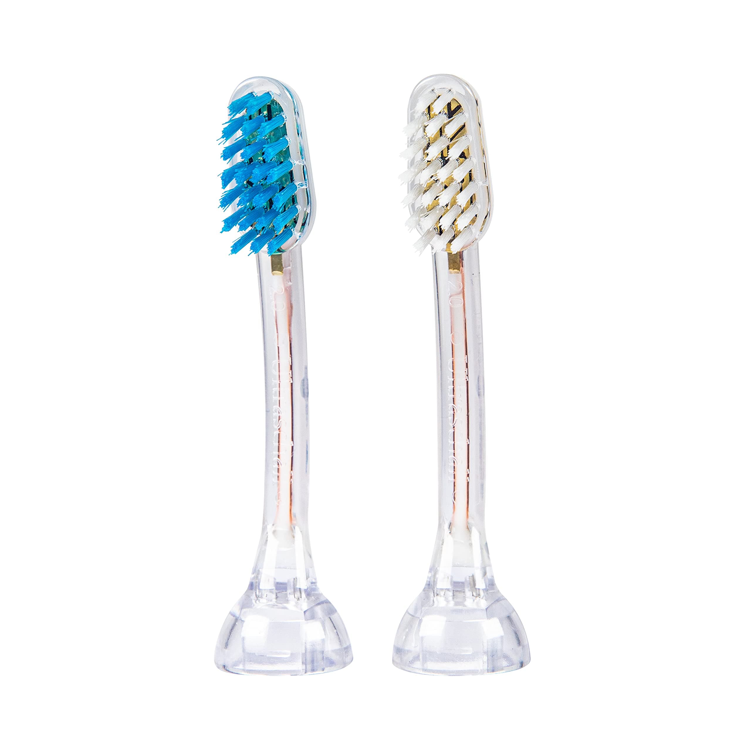 2X E2 Toothbrush Heads (1x Blue + 1x White) I Standard Shaped Replacement Brushes (Balanced Hardness, Straight Bristles) for All emmi-dent Metallic & Professional Ultrasonic Toothbrushes