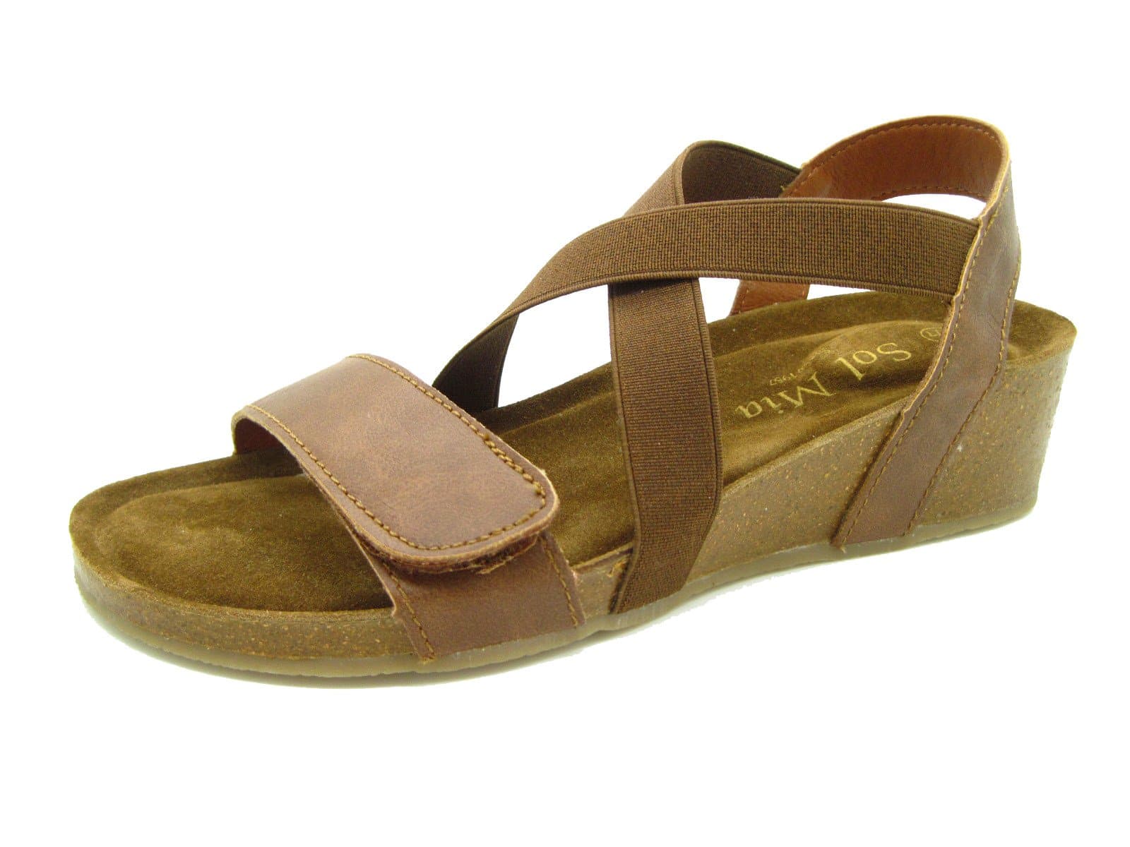 Sol Mia Women's Low Heel Wedge Comfort Sandals Adjustable Elastic Shoes, Brown, 7 B(M) / 38 M EU