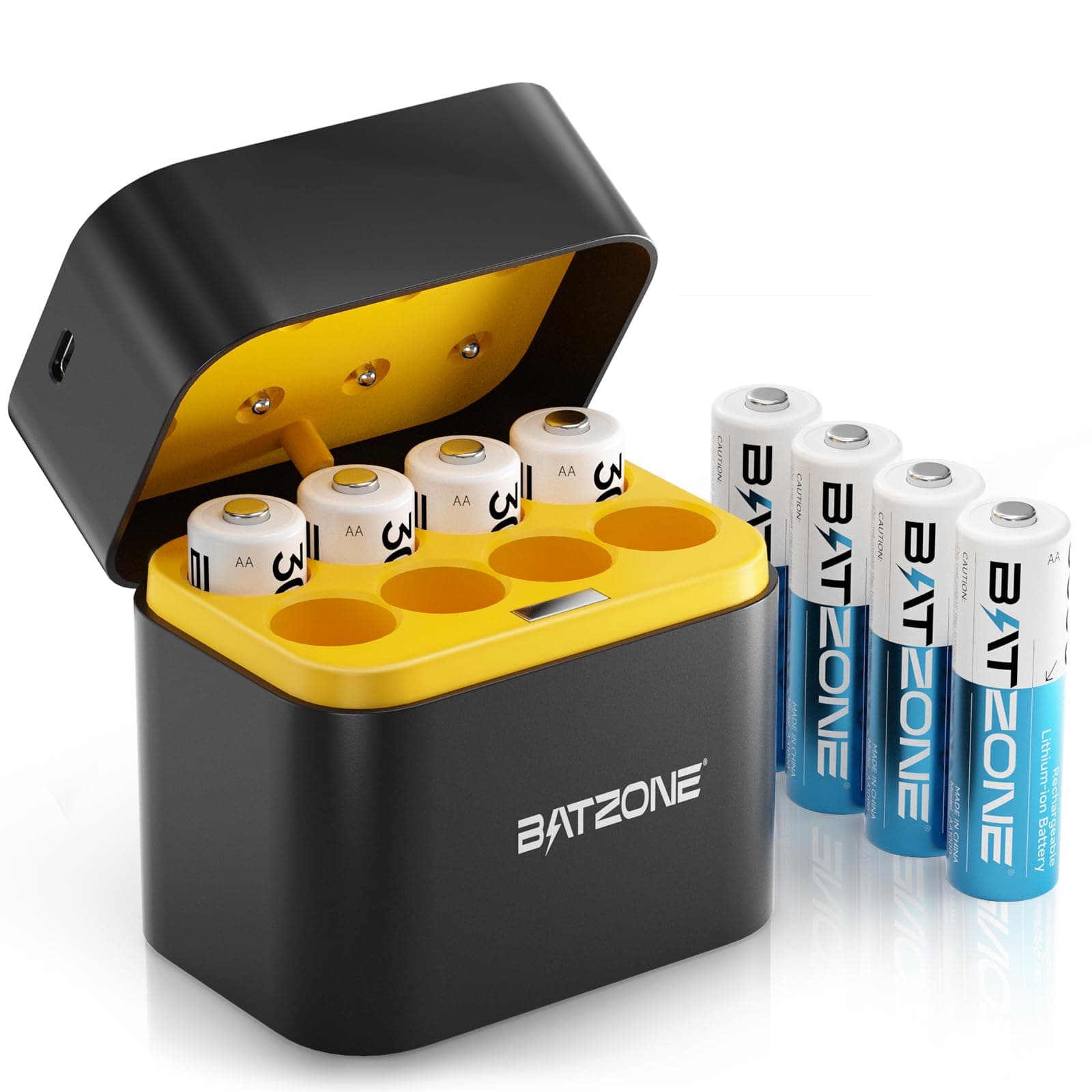 BATZONE - 8 pack rechargeable lithium batteries with fast charger, 1.5V 3000mWh high capacity, constant output aa lithium batteries, double lithium ion batteries at times of