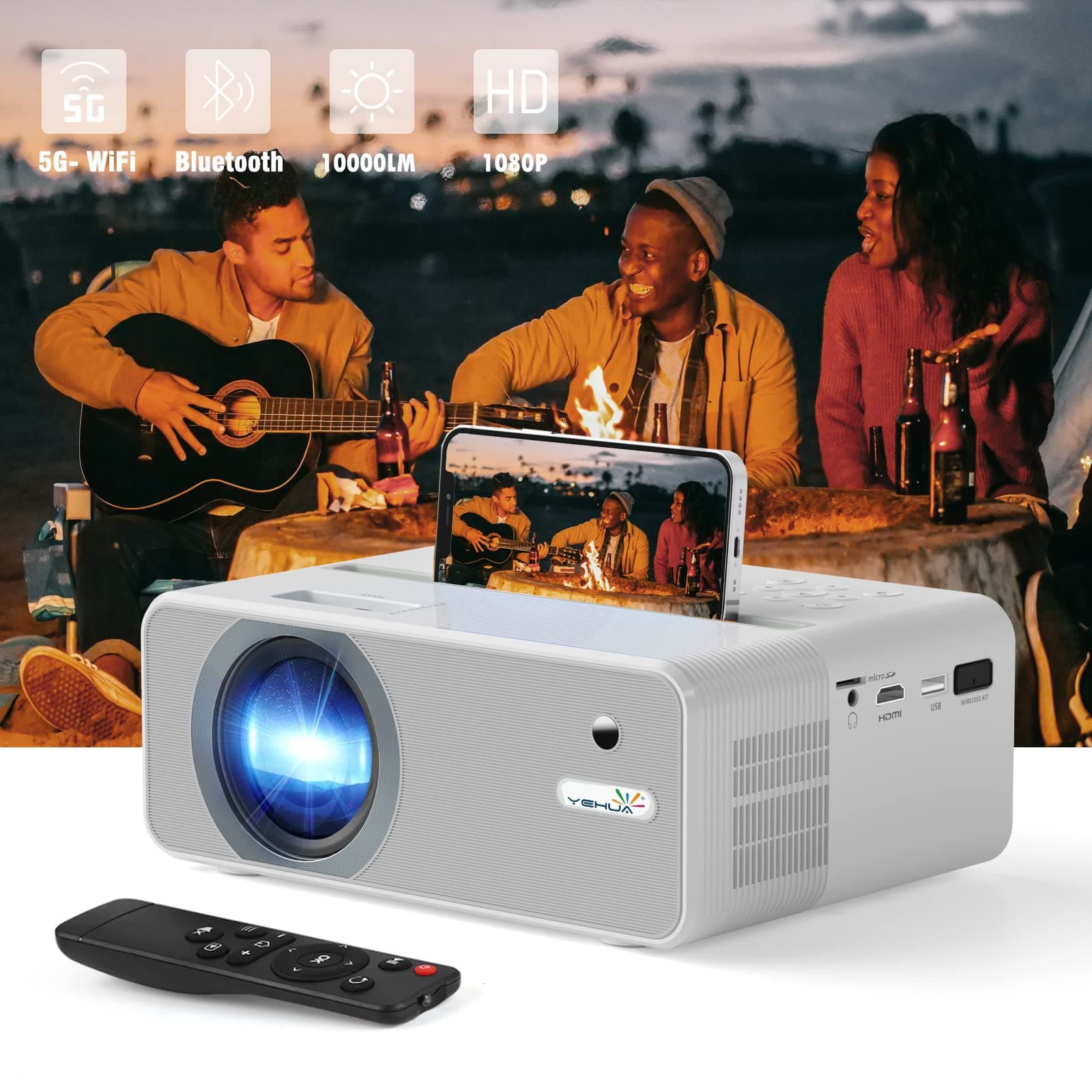 YEHUA WiFi Projector, 4K HD Outdoor Projector Mini Projector with Remote, 1080P & 160" Screen Supported, Movie Home Theater for TV Stick, Laptop,PC, iOS & Android, PS4, HDMI, USB, AUX, AV