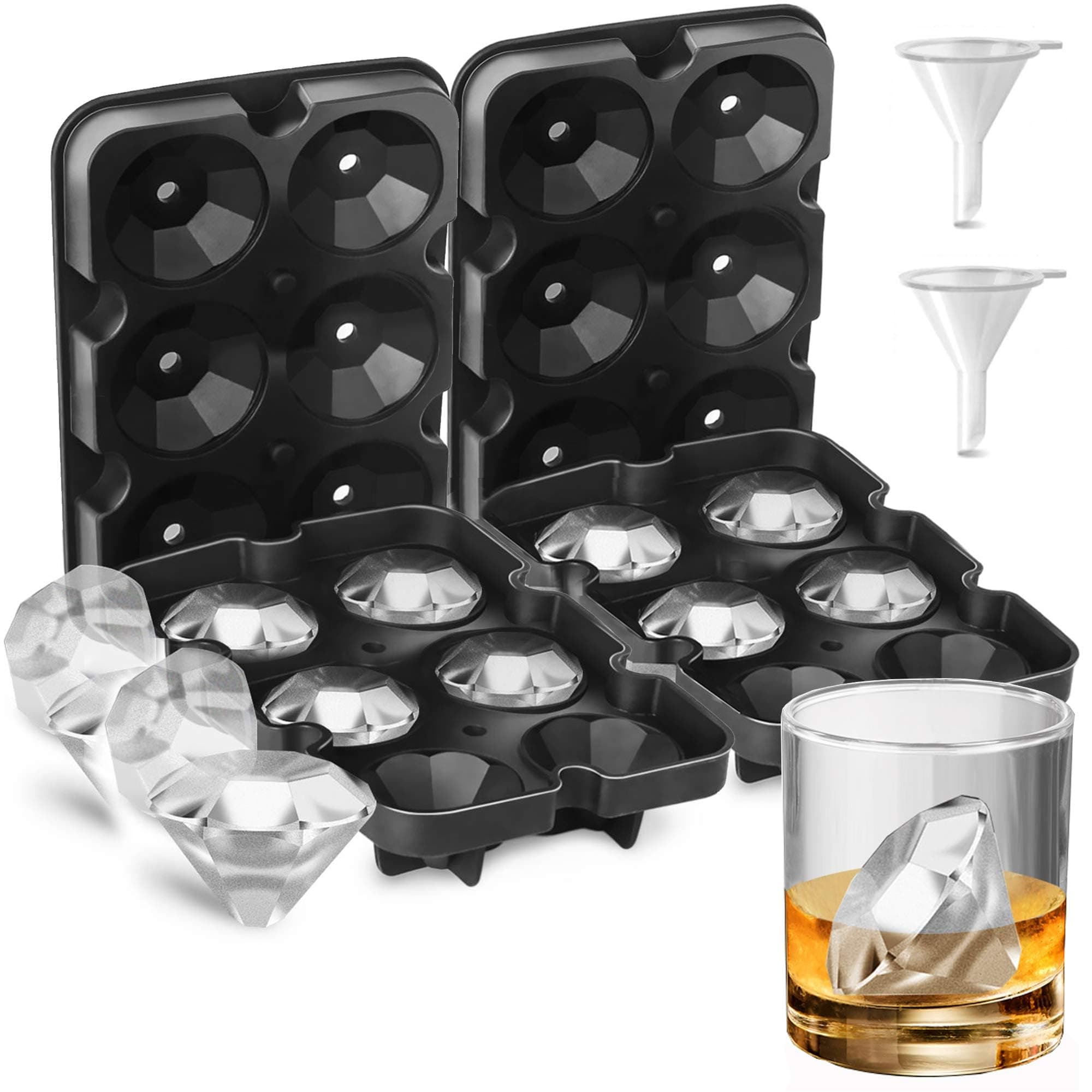 Diamond Ice Cube Molds - Large Diamonds Shaped Clear Ice Cubes Mold Silicone Tray Maker Big Size 2 inch Diamond Shape with Lid BPA Free for Cocktails and Freezer Whiskey (2 Pack 6Holes)
