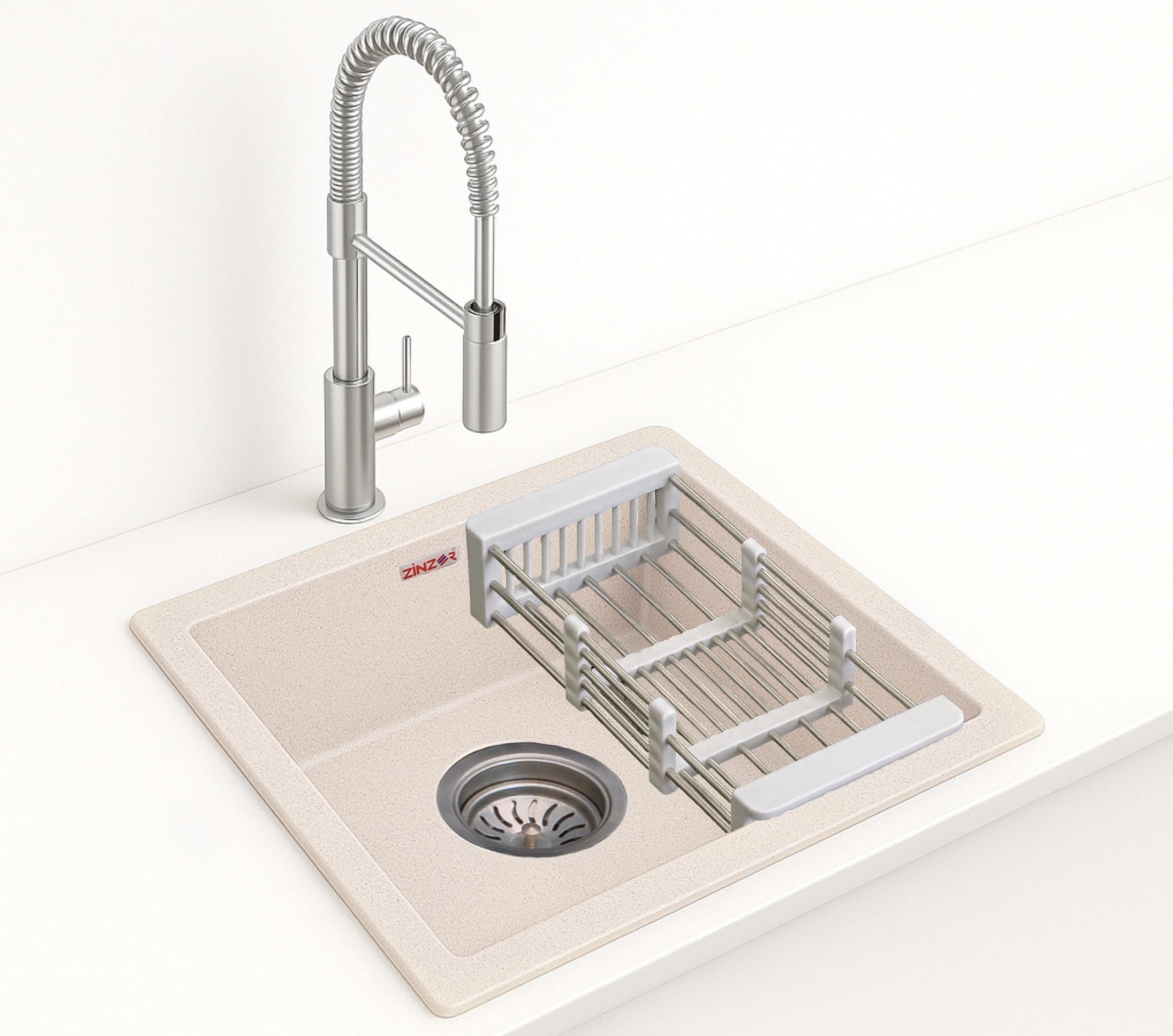 Quartz Sink for Kitchen in Metallic finish | German Engineerd Single Bowl Granite sinks | Kitchen Sink with Drain Coupling, Hose Pipe and Drainer Basket (Granular Ivory - 18x16 Inches)