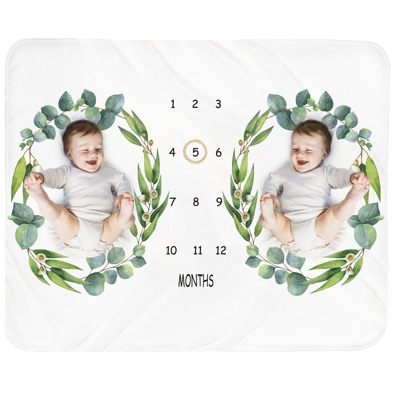 Tebaby Baby Monthly Milestone Blanket Twins - Newborn Month Blanket Unisex Neutral Personalized Shower Gift Leaf Nursery Decor Photography Background Prop with Wooden Wreath Large 51''x40''