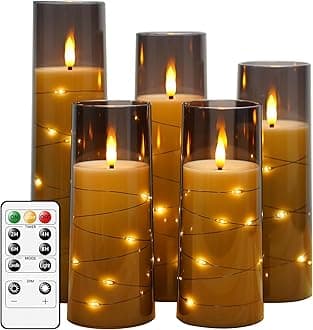 - kakoya Flameless LED Candles with Timer 5 Pc Flickering Flameless Candles for Romantic Ambiance and Home Decoration Stable Acrylic Shell,with Embedded Star String，Battery Operated Candles（Grey）