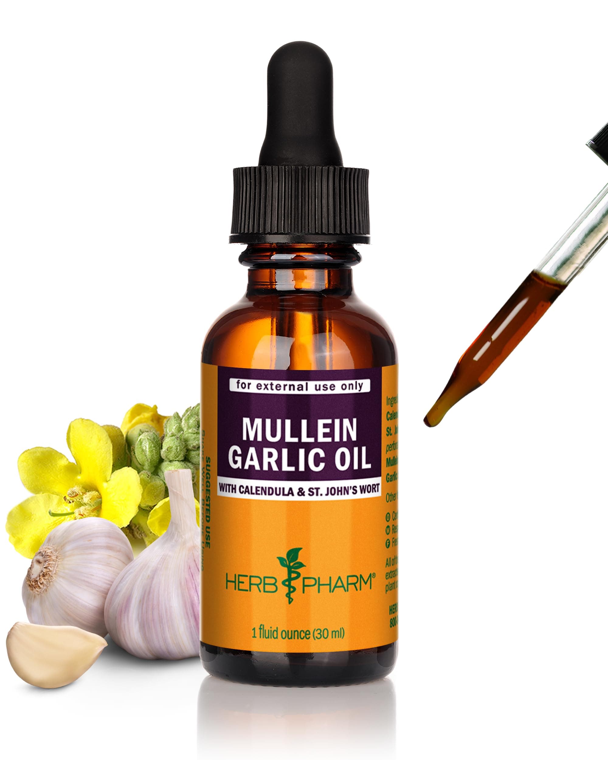 - Herb Pharm Mullein Garlic Herbal Oil - contains Calendula, Garlic, Mullein flower, St. John's Wort, Olive Oil, 1 Ounce