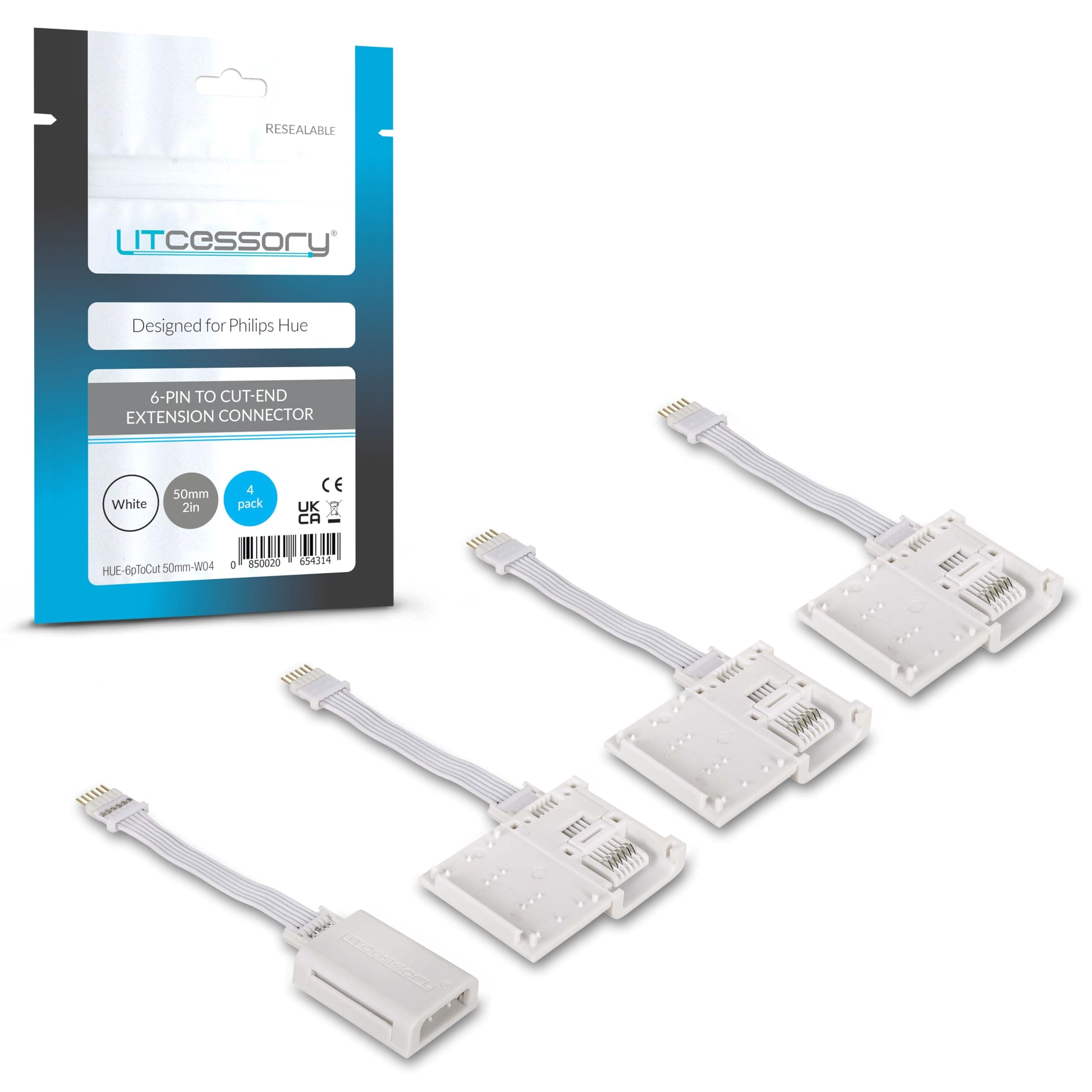 Litcessory 6-Pin to Cut-End Extension Connector for Philips Hue/Solo Lightstrip (2in, 4 Pack, White - Micro 6-PIN V4 / Solo Lightstrip)