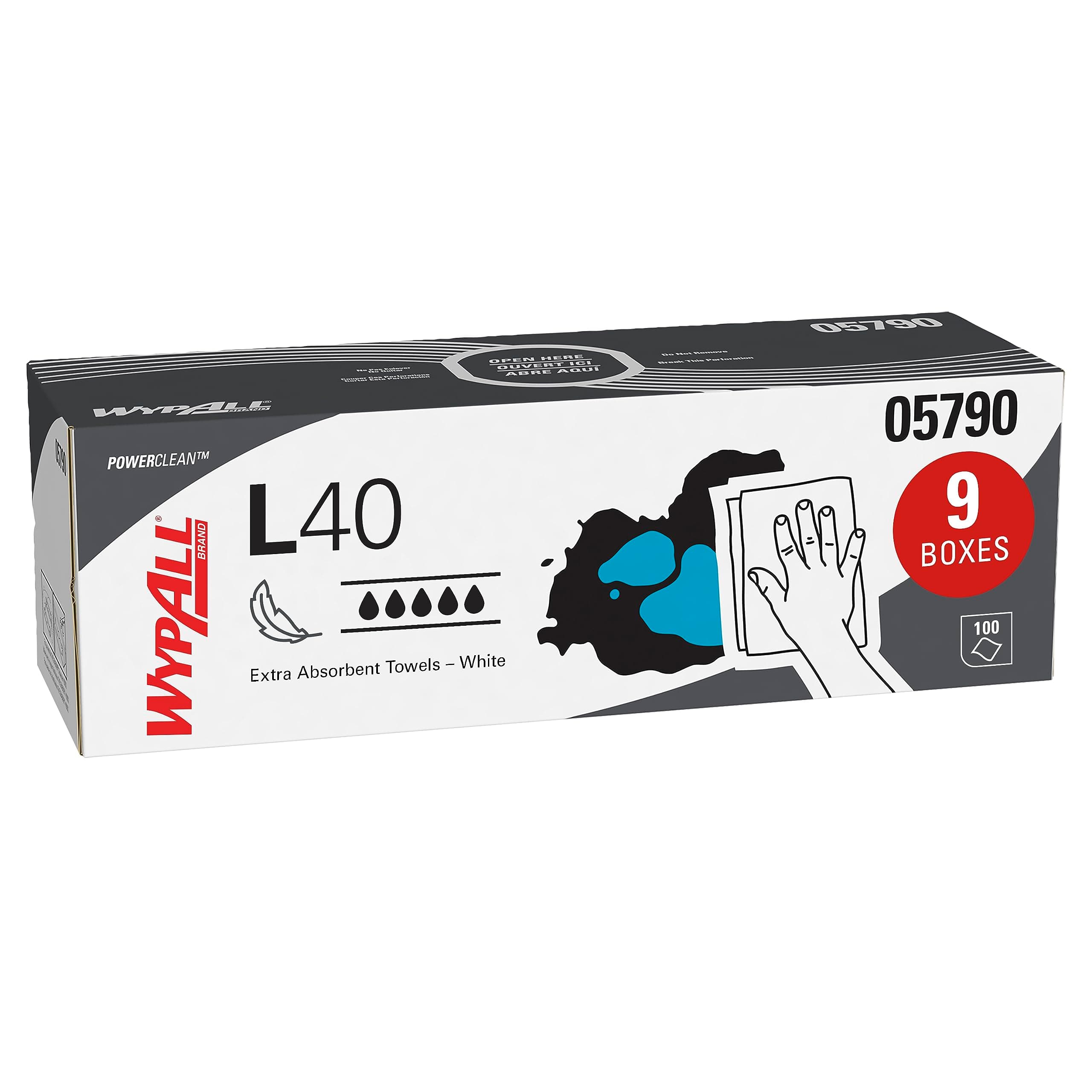 PowerClean L40 Cloths Extra Absorbent Wipes (05790), Pop-Up Box, Bulk Paper Wipers, White (9 Packs of 100 Sheets, 900 Sheet Total)