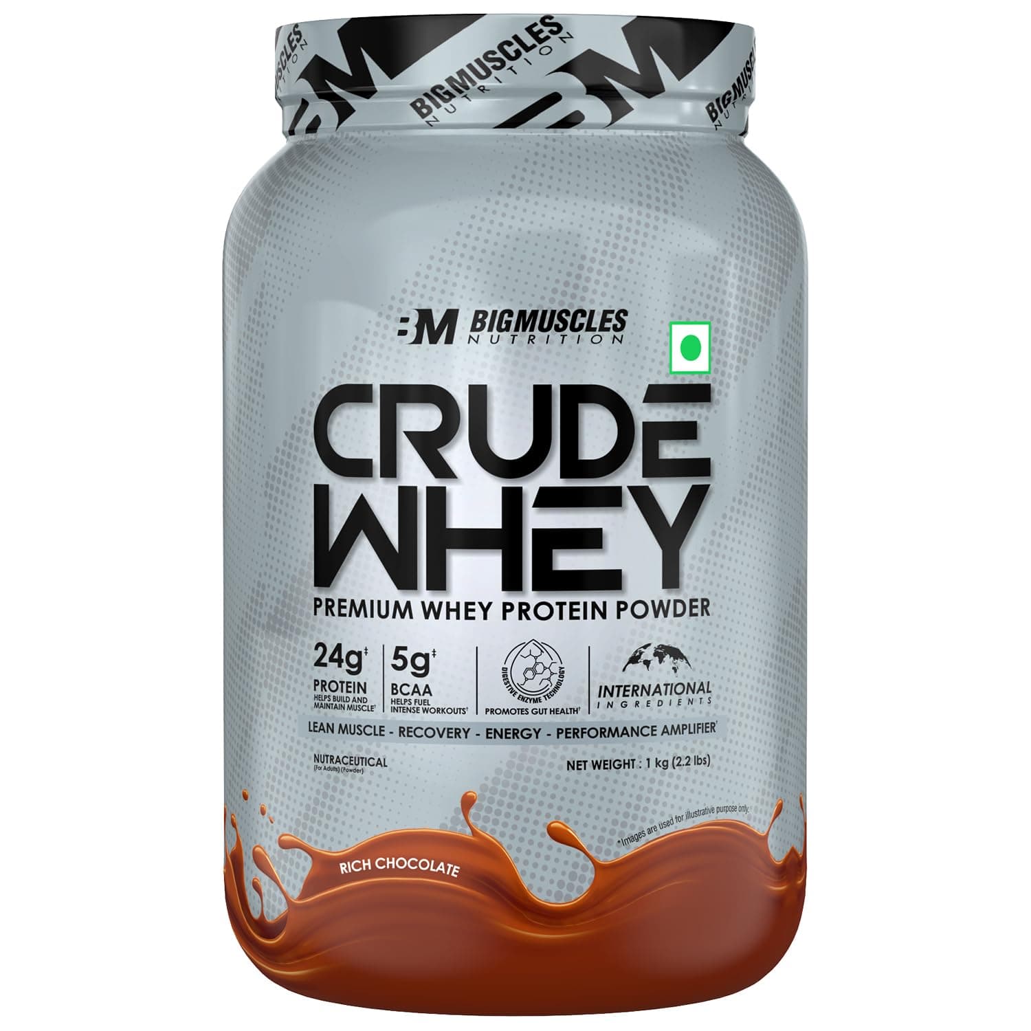 Bigmuscles Nutrition Crude Whey - 1 kg (Rich Chocolate) | US FDA REGD. BRAND | Whey Protein Concentrate 80%, 24g Protein, 5.5g BCAA, 4 g Glutamine
