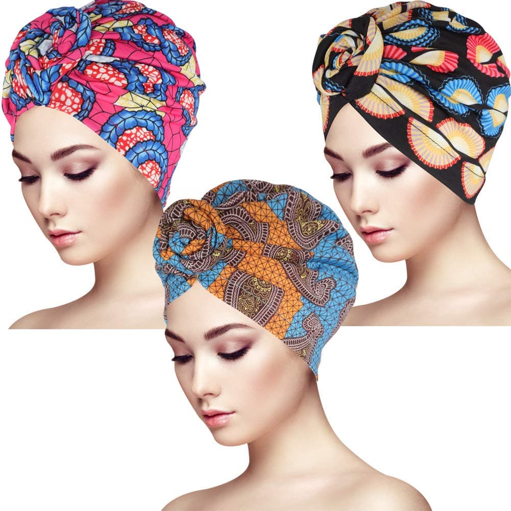 Bolonbi 3 Packs Turban Head Wrap, African Pattern Knot Headwrap Fashion Print Women's Stretch Head Wrap, Bohemian Headwrap for Women and Girls, M, Multicoloured
