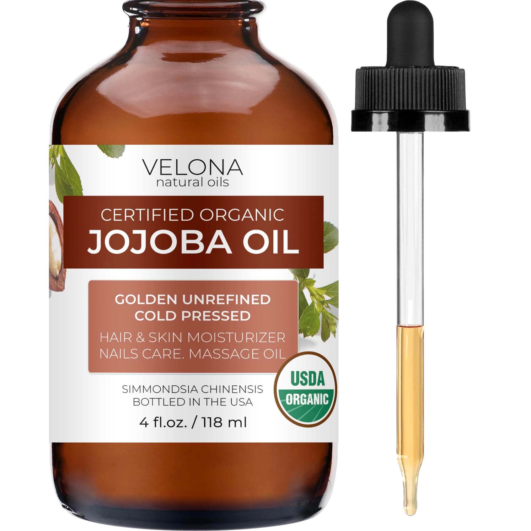 velona Jojoba Oil USDA Certified Organic - 4 fl oz (With Dropper) | Golden, Unrefined, Cold Pressed | Hexane Free