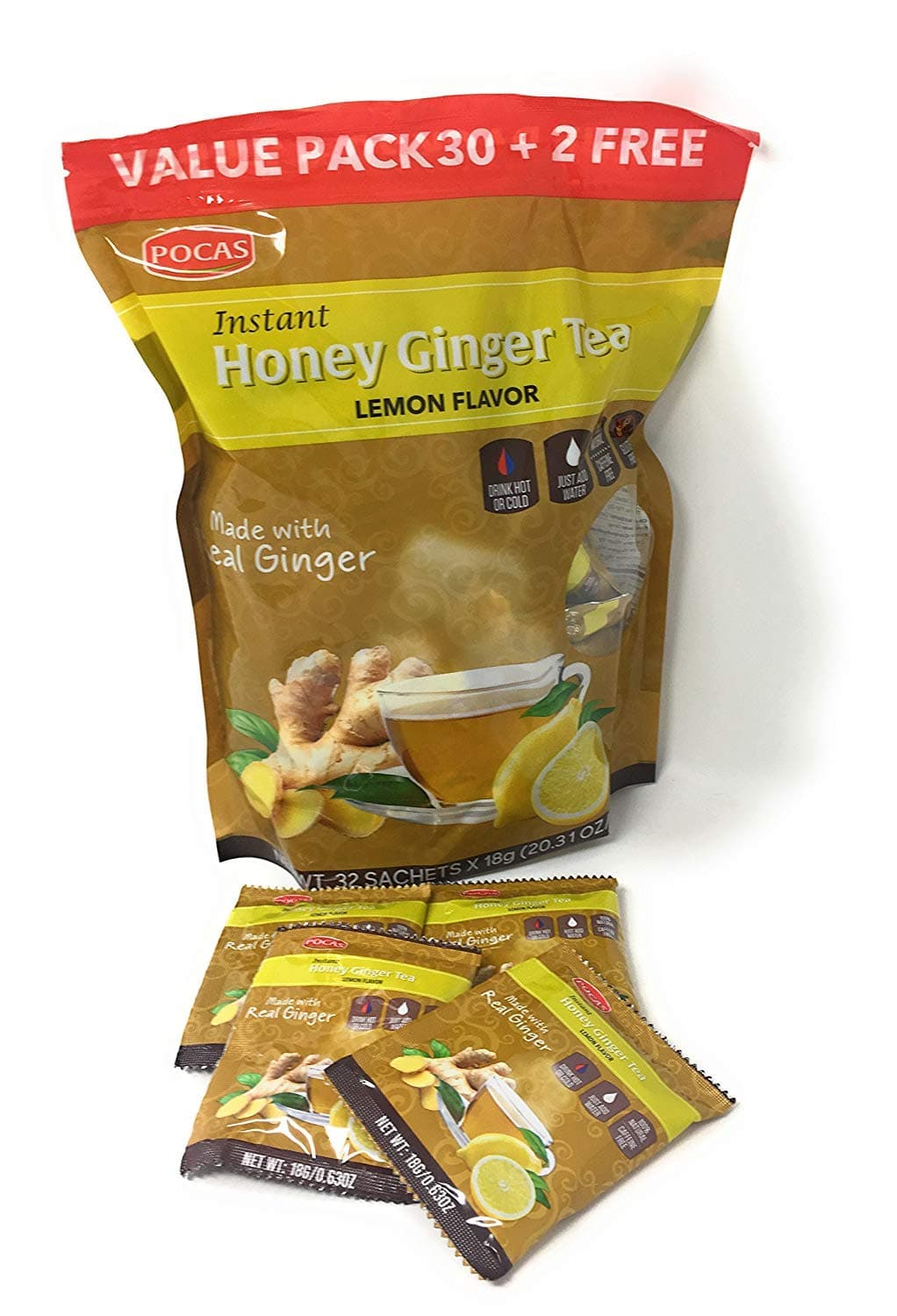Instant Honey Ginger Crystals (Honey Ginger with Lemon Bag of 32)