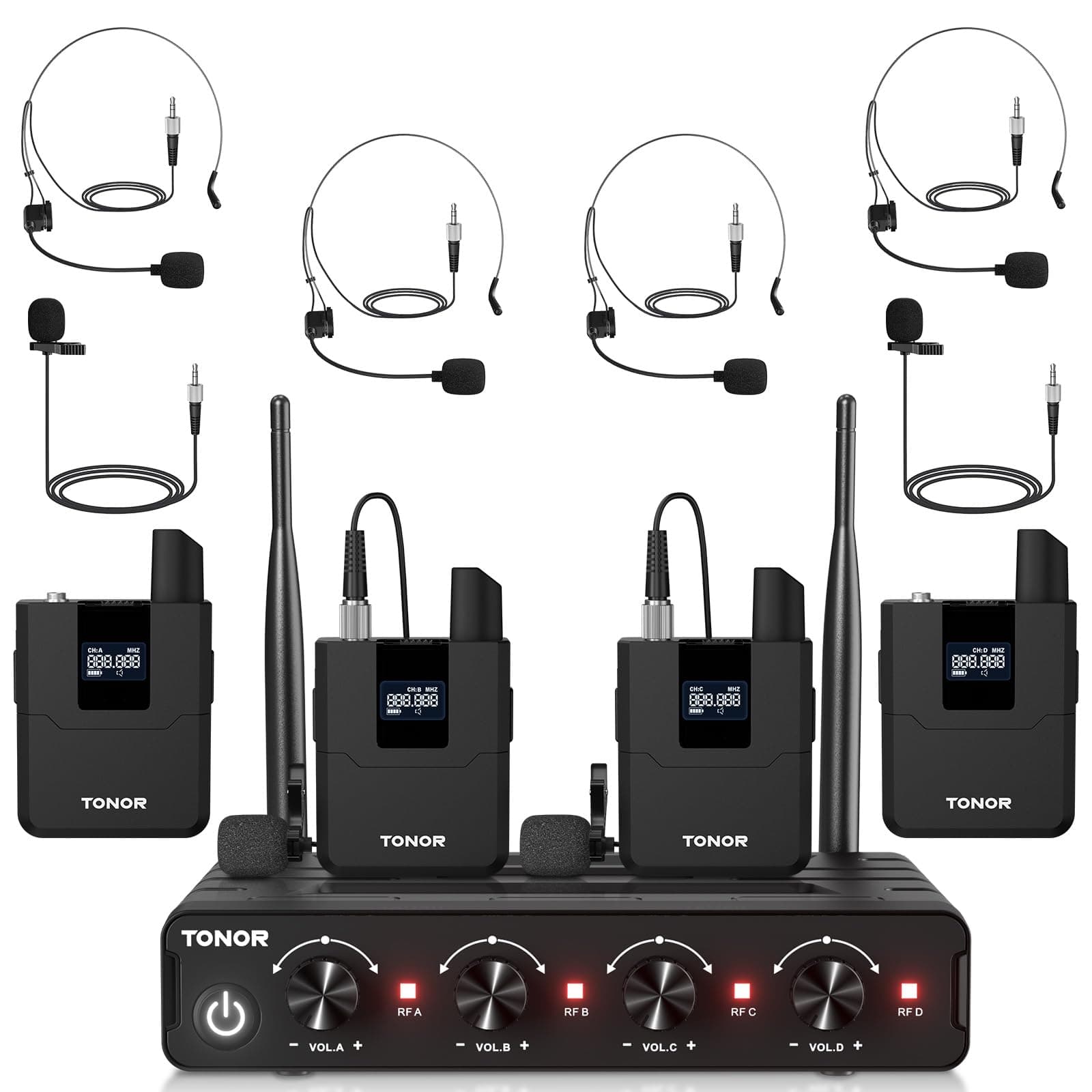 TONOR Wireless Microphones System with UHF Headset/Lavalier Lapel Mics, Bodypack Transmitter, Receiver, 4 * 5 Channels, 60 M Range for Church Conference Performance Singing Karaoke PA Speaker Mixer