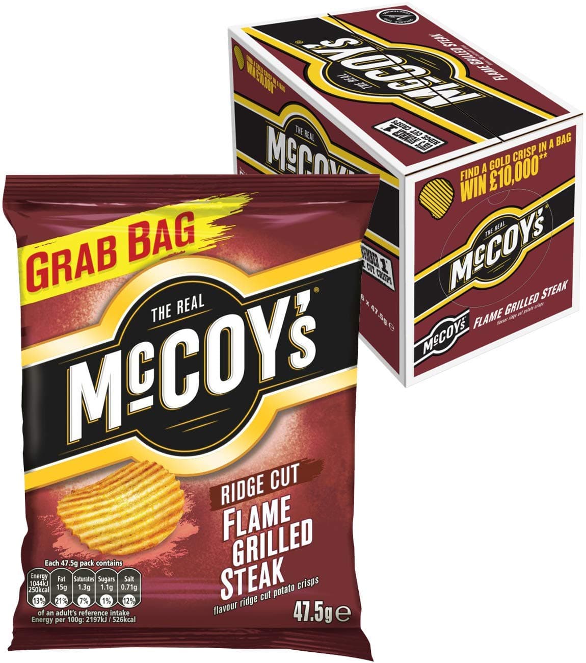 McCoy's Ridge Cut Crisps, Multipack Box of Flavoured Potato Crisp snacks, 36 x 47.5g – Flame Grilled Steak