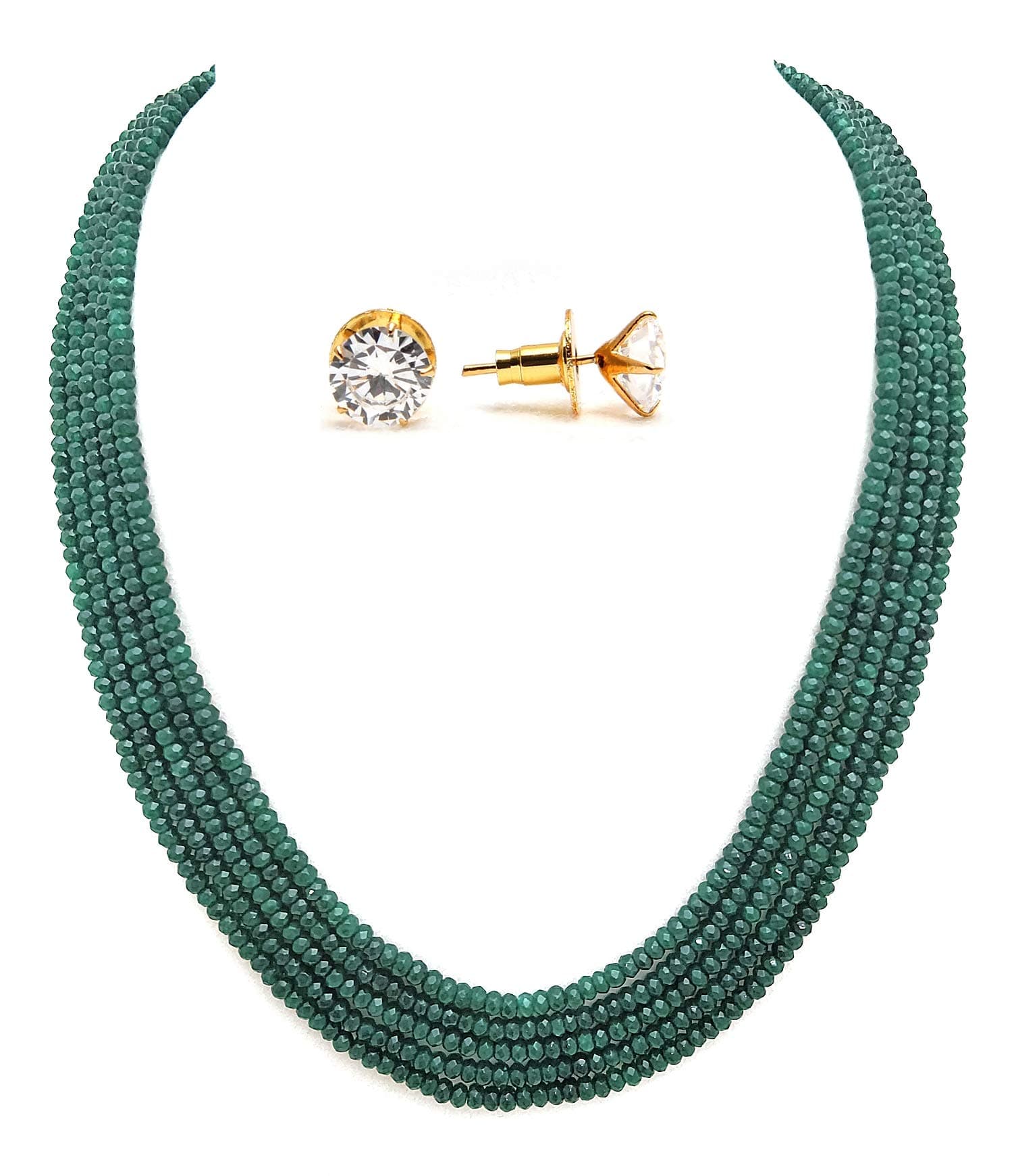 Taruna Biyani Multi Layered Semi Precious Emerald Green Gemstone Beaded String Necklace Mala for Women (EMGO) with CZ Solitaire Stud Earrings