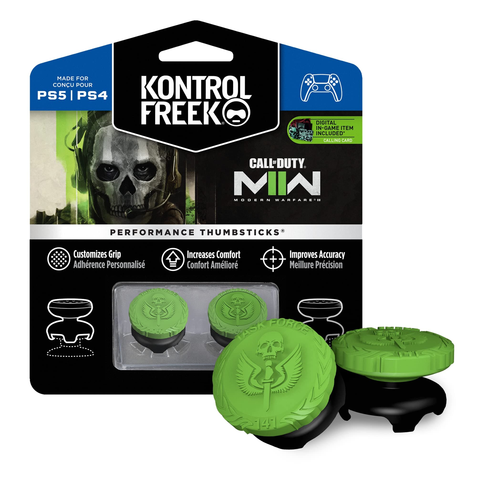 KontrolFreek Call of Duty: Modern Warfare II Performance Thumbsticks for PlayStation 4 (PS4) and PlayStation 5 (PS5) | 2 High-Rise, Hybrid/Flat | Black/Green