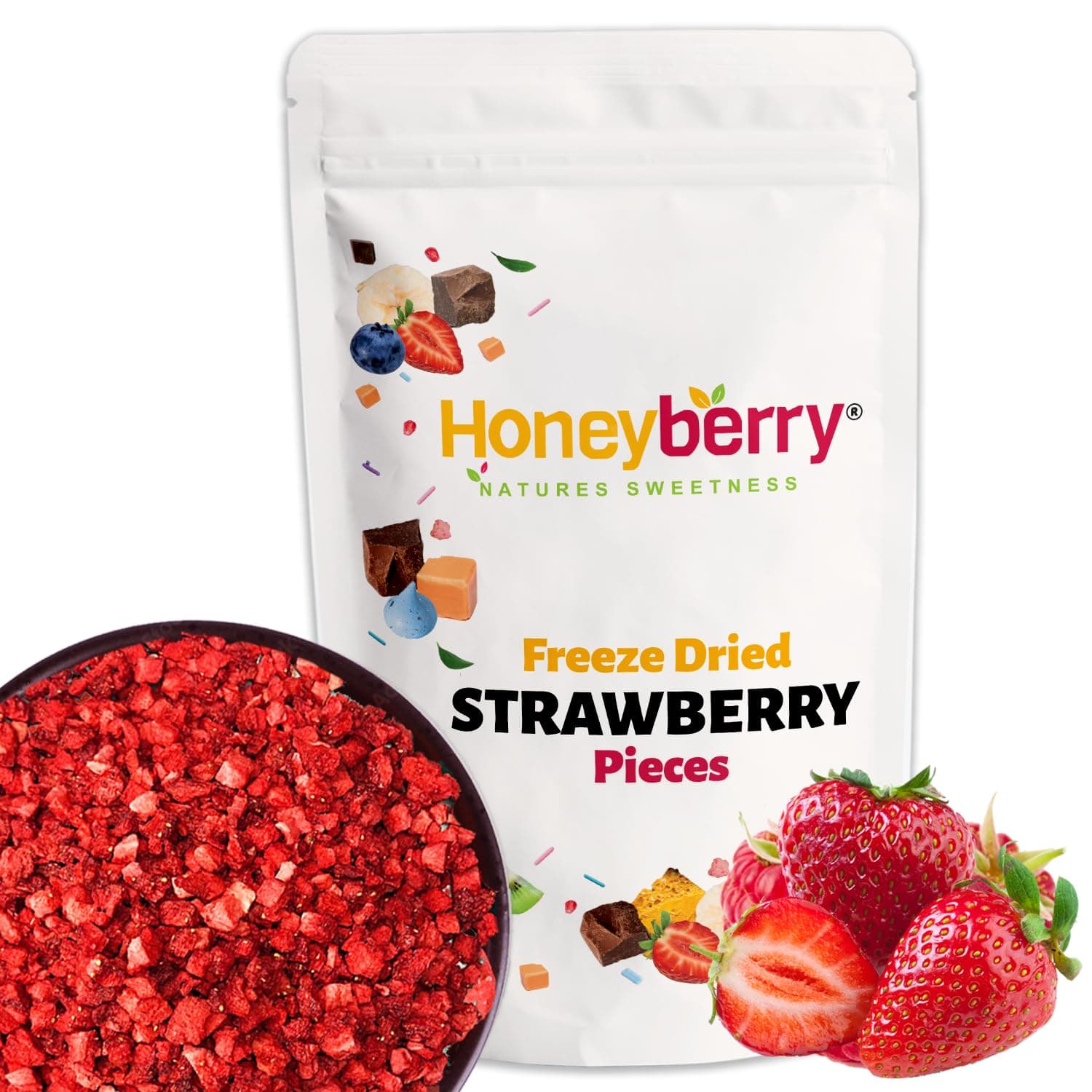 Freeze Dried Strawberry Pieces 100g - Premium Freeze-Dried Fruit Bits - 100% Natural, No Added Sugar or Preservatives Raw Dry Strawberries for Baking, Cake Decoration, Porridge Oat, Ice Cream Toppings