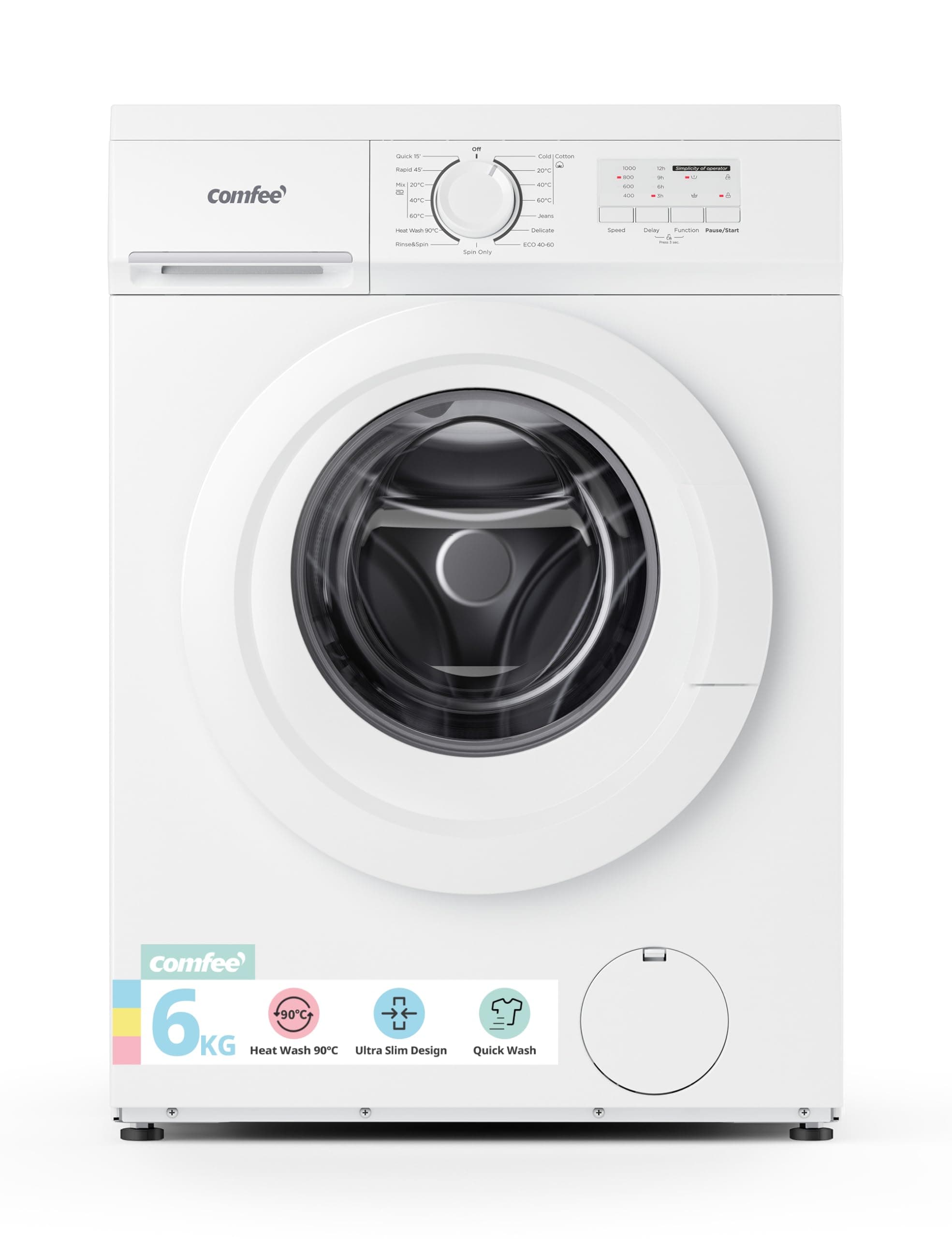 Comfee CFE10EW60/W Freestanding Washing Machine,6KG Load,Heat Wash 90â,Quick Wash,15 Washing Programs,White
