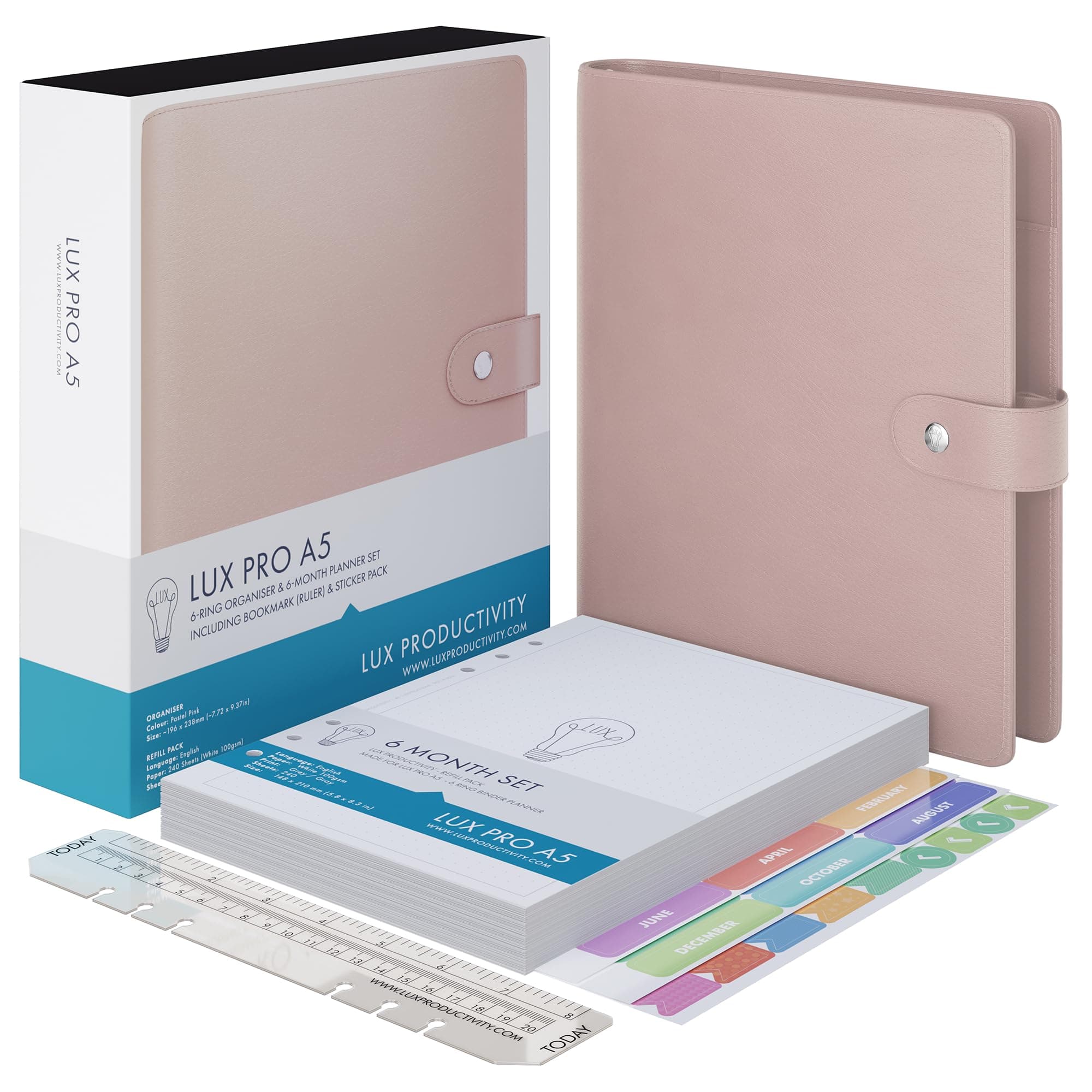 LUX PRO A5 - Daily Planner & appointment diary 2023 - Gratitude journal, wellness journal & Undated weekly planners and organisers - Desk journals for women & men - LUX Productivity (Pink - Pastel)