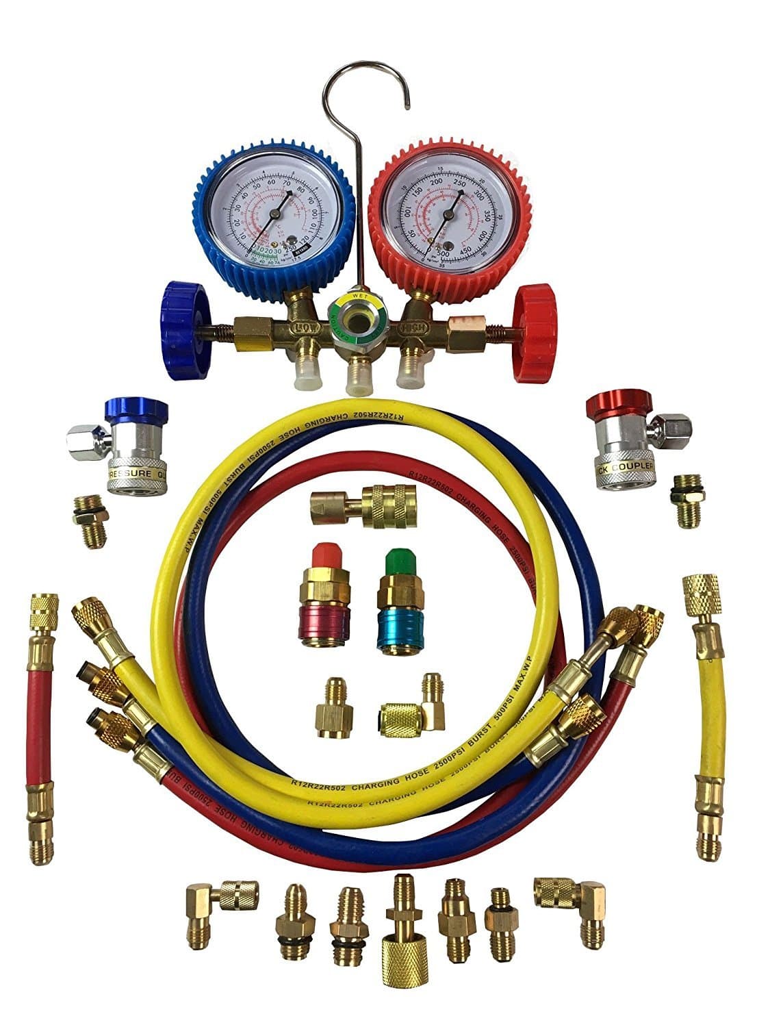 Steel Workers Deluxe Auto A/C Manifold Gauge 22 Piece Professional Set R-134A Refridgeration Air Conditioner Diagnostic AC with Quick Release Couplers