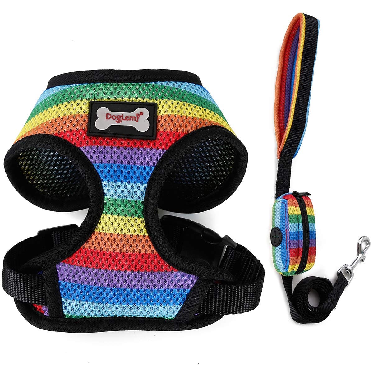 MINGPINHUIUS 3in1 Dog Harness Vest with Dog Leash & Dog Poop Bag, Comfortable Breathable Padded Rainbow Color Design Harnesses for Small Medium Dog Puppy (Large)