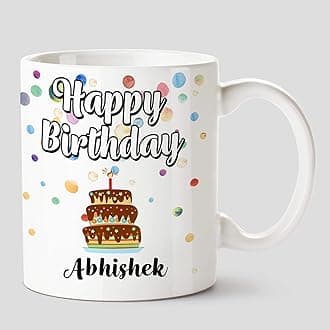 HuppmeHappy Birthday Abhishek Name Ceramic White Coffee Mug - 330 ml