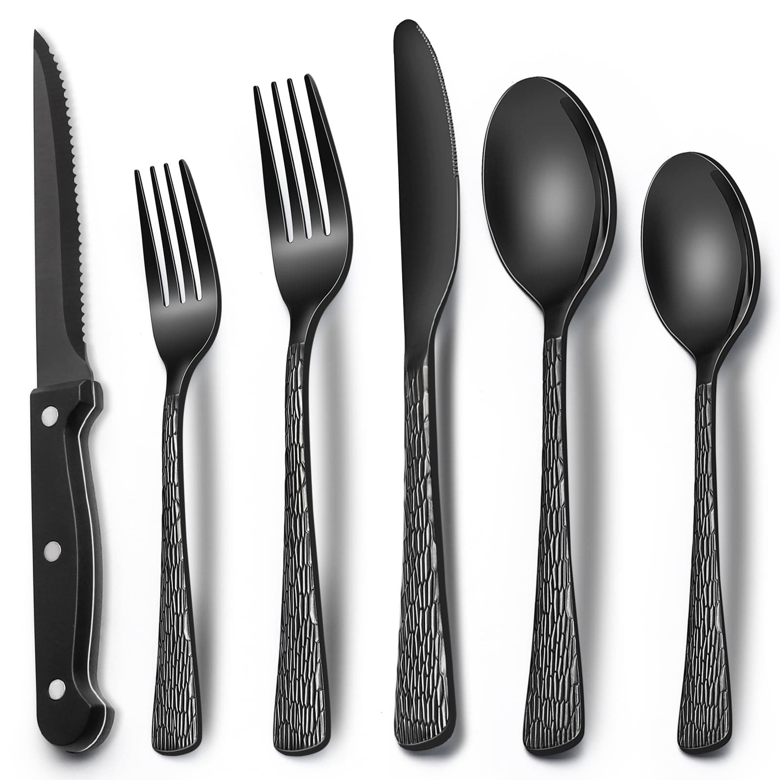 EWFEN 24-Piece Black Silverware Set with Steak Knives, Black Flatware Set for 4, Food-Grade Stainless Steel Tableware Cutlery Set, Mirror Finished Utensil Sets for Home Restaurant, Tree Pattern