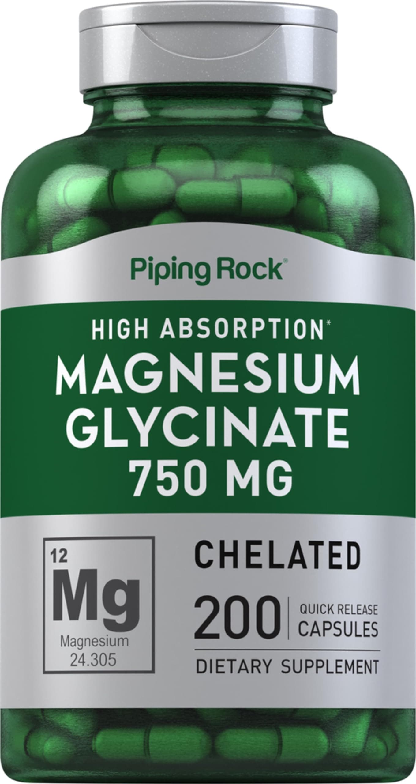 Piping Rock Magnesium Glycinate Capsules | 750mg | 200 Pills | Chelated Supplement | High Absorption | Non-GMO and Gluten Free