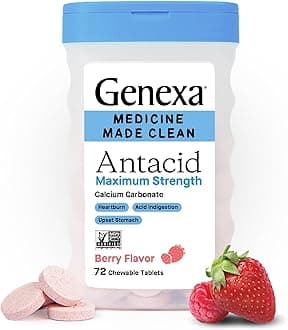 Genexa 3 Pack Clean Antacid Chewable Tablets | Maximum Strength Calcium Carbonate for Heartburn, Acid Indigestion & Upset Stomach Relief | Dye Free, 0% Artificial Additives | Berry Flavor, 216ct