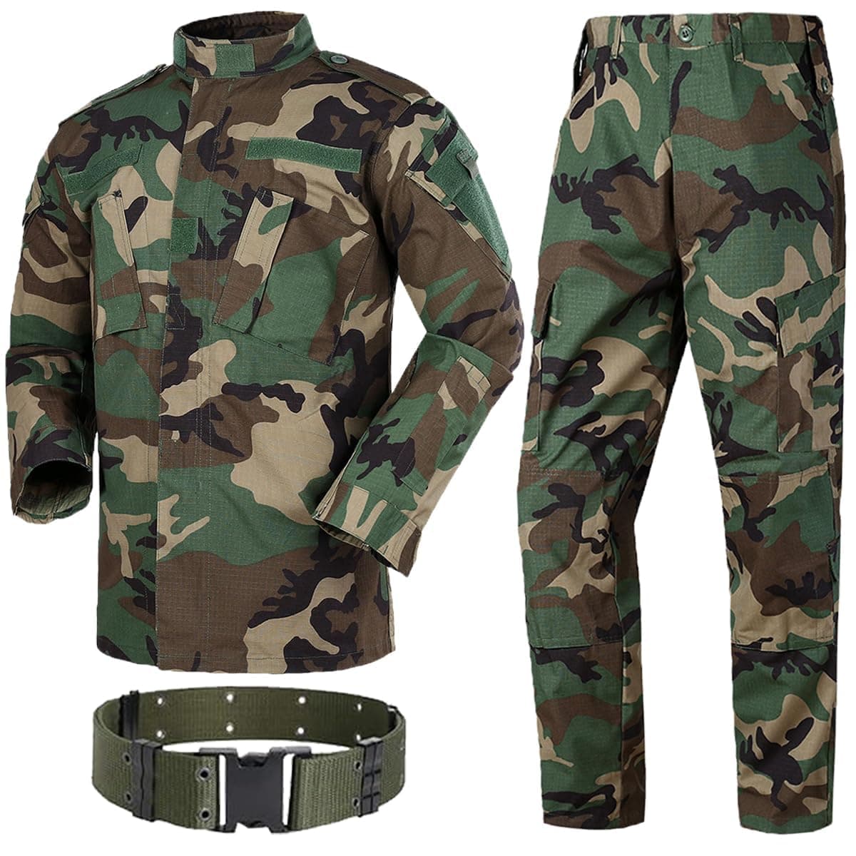 H World Shopping Military Tactical Mens Hunting Combat BDU Uniform Suit Shirt & Pants with Belt Woodland Camo
