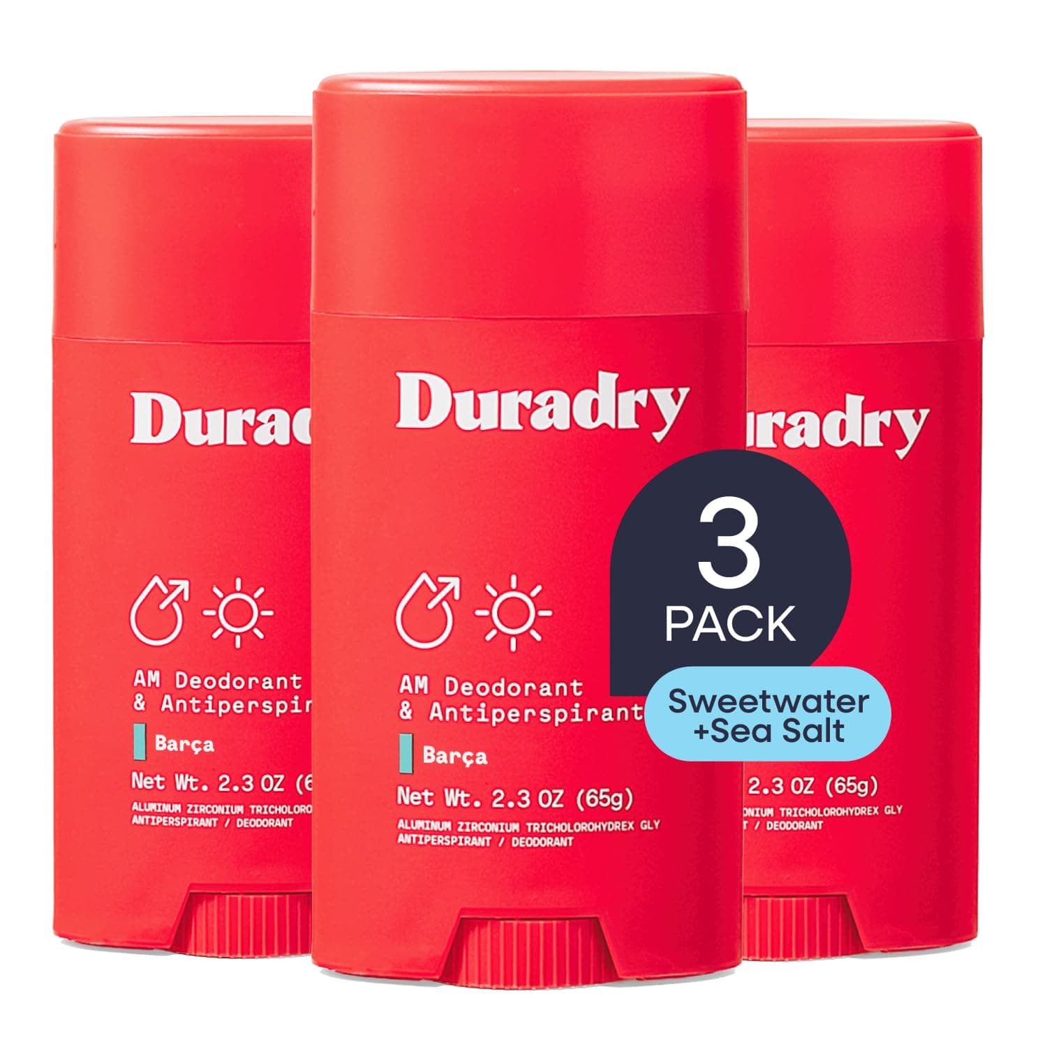 Duradry Antiperspirant Deodorant for Women and Men - Anti Sweat Maximum Strength Deodorant, Excessive Sweat Protection for Armpits, Naturally Neutralize Odor - Barca, 2.3 Oz (Pack of 3)