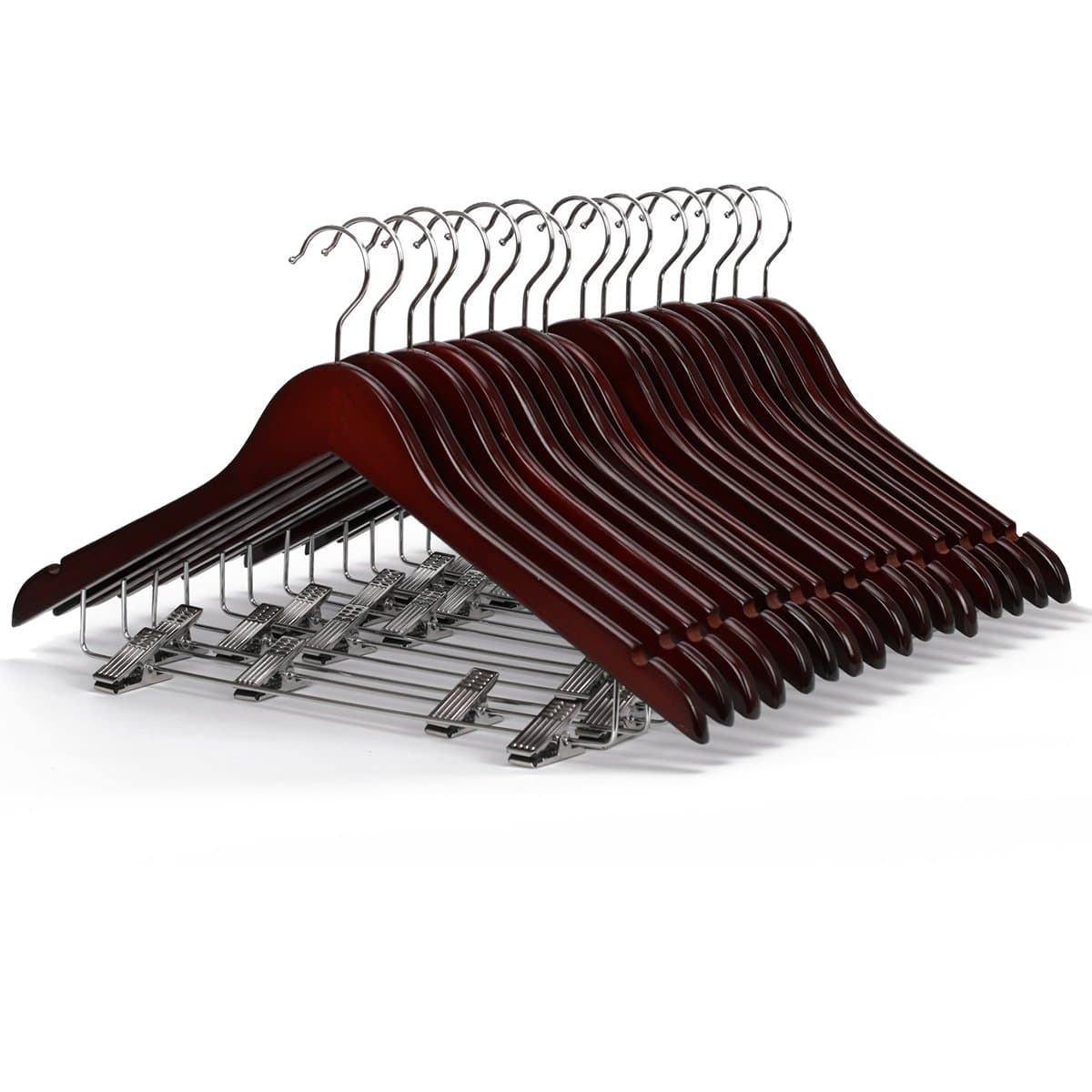 LOHAS Home 43cm Hardwood Wooden Coat Garment Hanger with Trouser/Skirt Clips, Pack of 10, Walnut Finished
