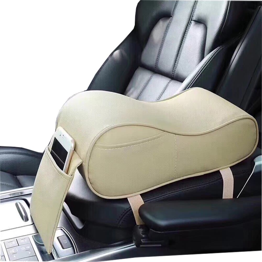 Premium Car PU Leather Center Console Armrest Cushion Pillow Memory Foam with Side Pocket for Phone (Beige)