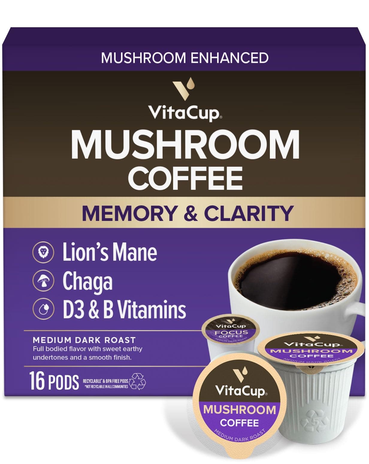 Mushroom Coffee Pods, Boost Focus & Immunity w/Lions Mane, Chaga, B Vitamins, D3 for Memory & Clarity, Medium Roast, Single Serve Pod Compatible w/Keurig K-Cup Brewers,16 Ct